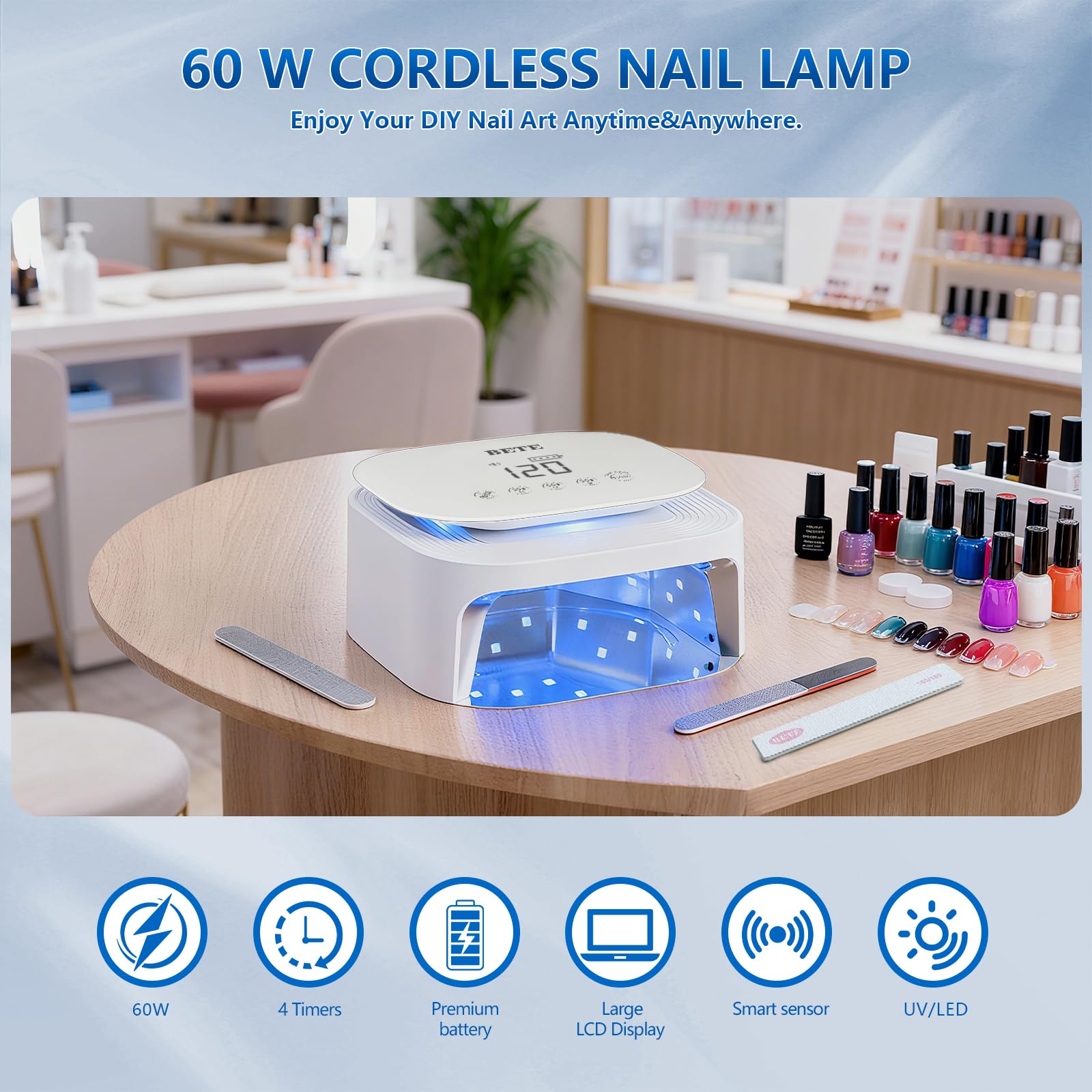 Lampes UV LED sans fil BETE 60W - Séchoir pour vernis gel rechargeable avec capteur automatique, 30 perles et 4 réglages de minuteur portable pour usage domestique/salon White