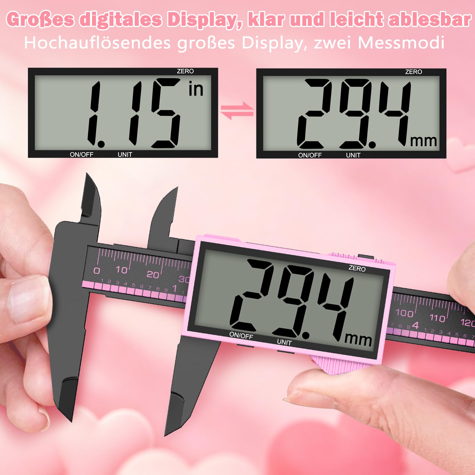Messschieber Digital, 150 mm/6" Schieblehre Messlehre mit LCD-Display, Zoll/Metrisch Konvertierung, Auto-Off, für Außendurchmesser, Innendurchmesser und Tiefe zu Messen (Rosa-Schwarz)