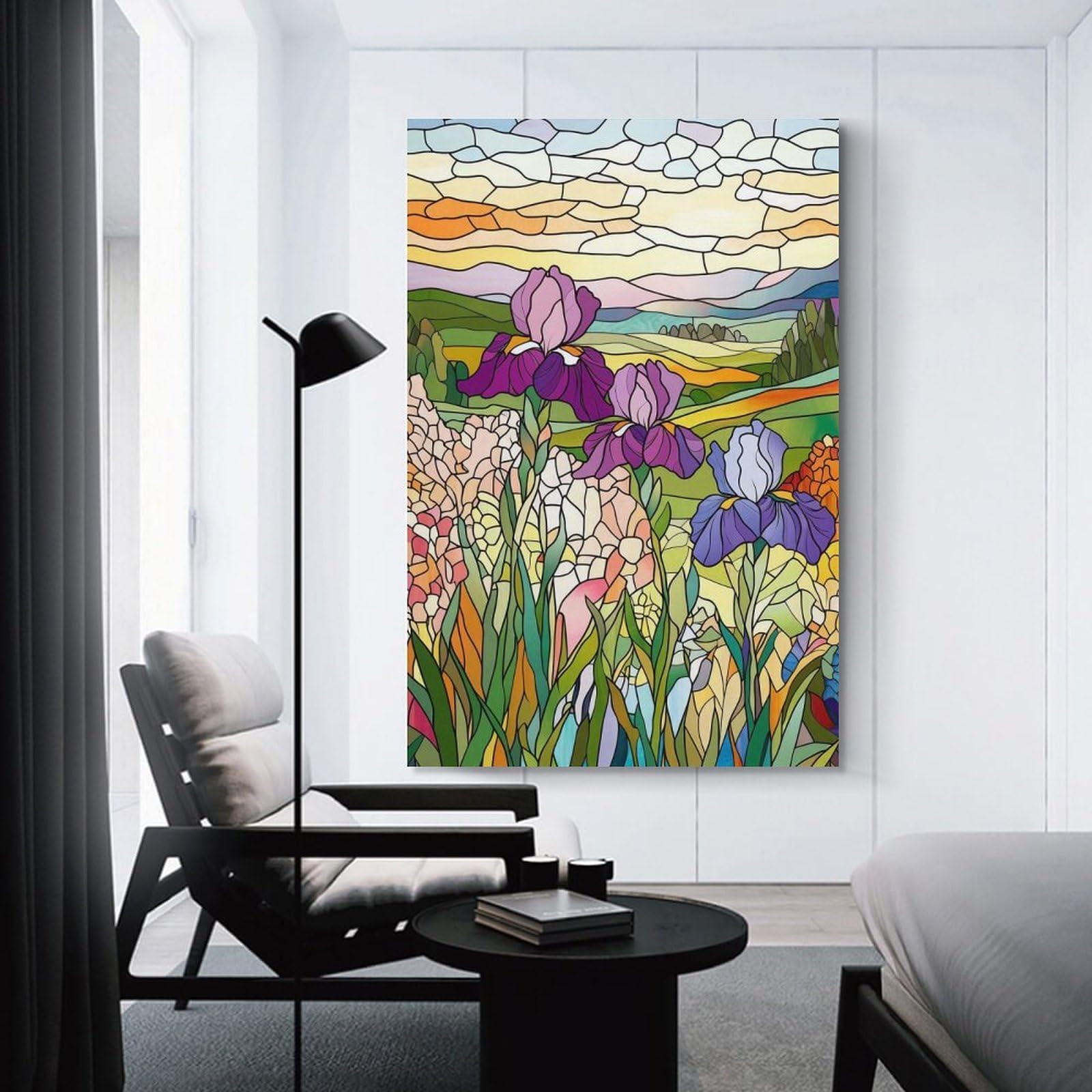 Junmoney Stained Glass Irises Wall Picture Print 24x36inch(60x90cm), for Apartment Walls, Studios Or Work Areas, A Simple Refresh for Blank Walls