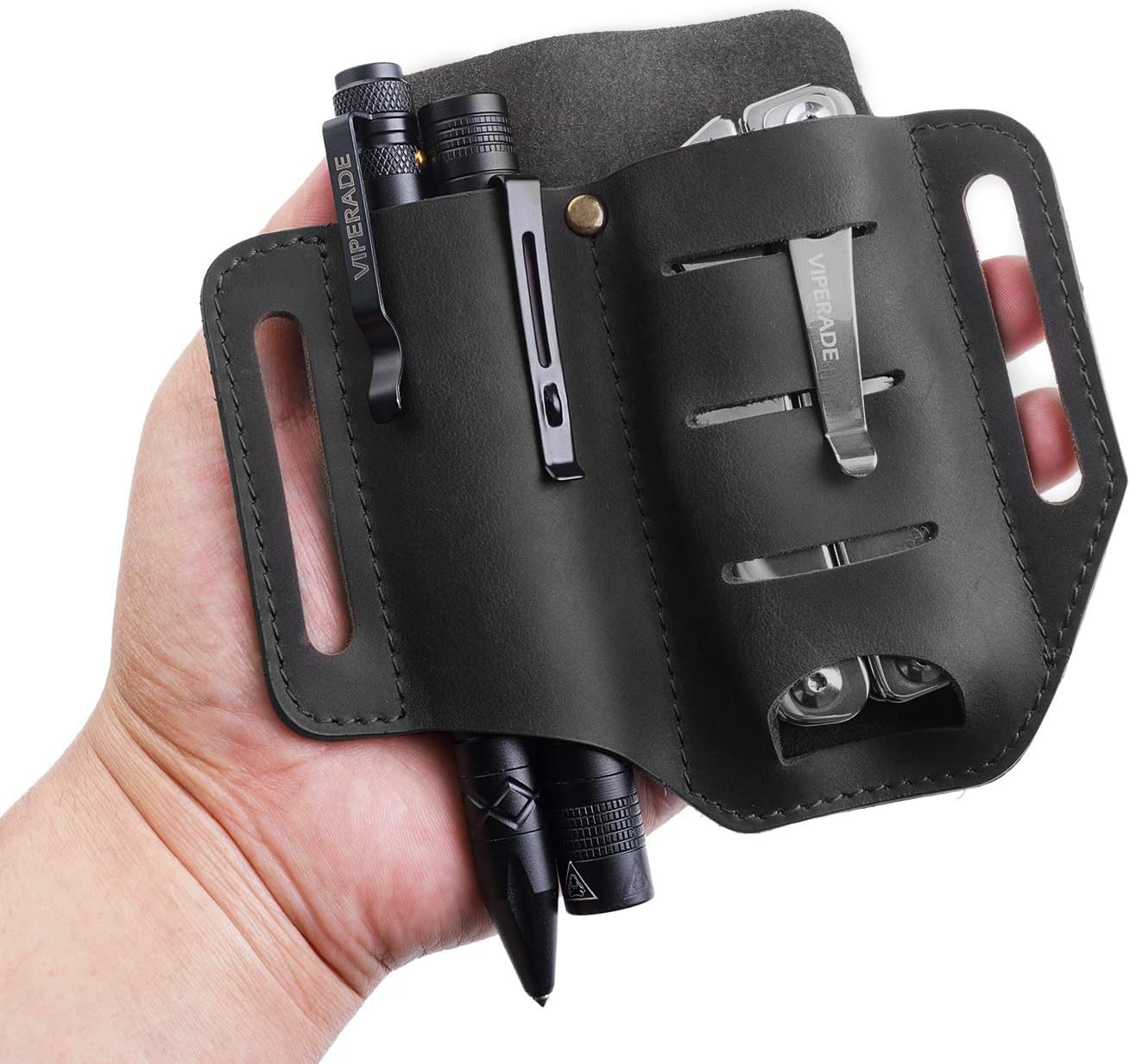 VIPERADE PJ8 EDC Lederscheide für Blet Messer/Werkzeug/Taschenlampe/Tactical Pen und EDC Zahnräder, Pocket EDC Organizer Lederscheide, Hademade 2 Pockets Belt Leder Slip Sheath