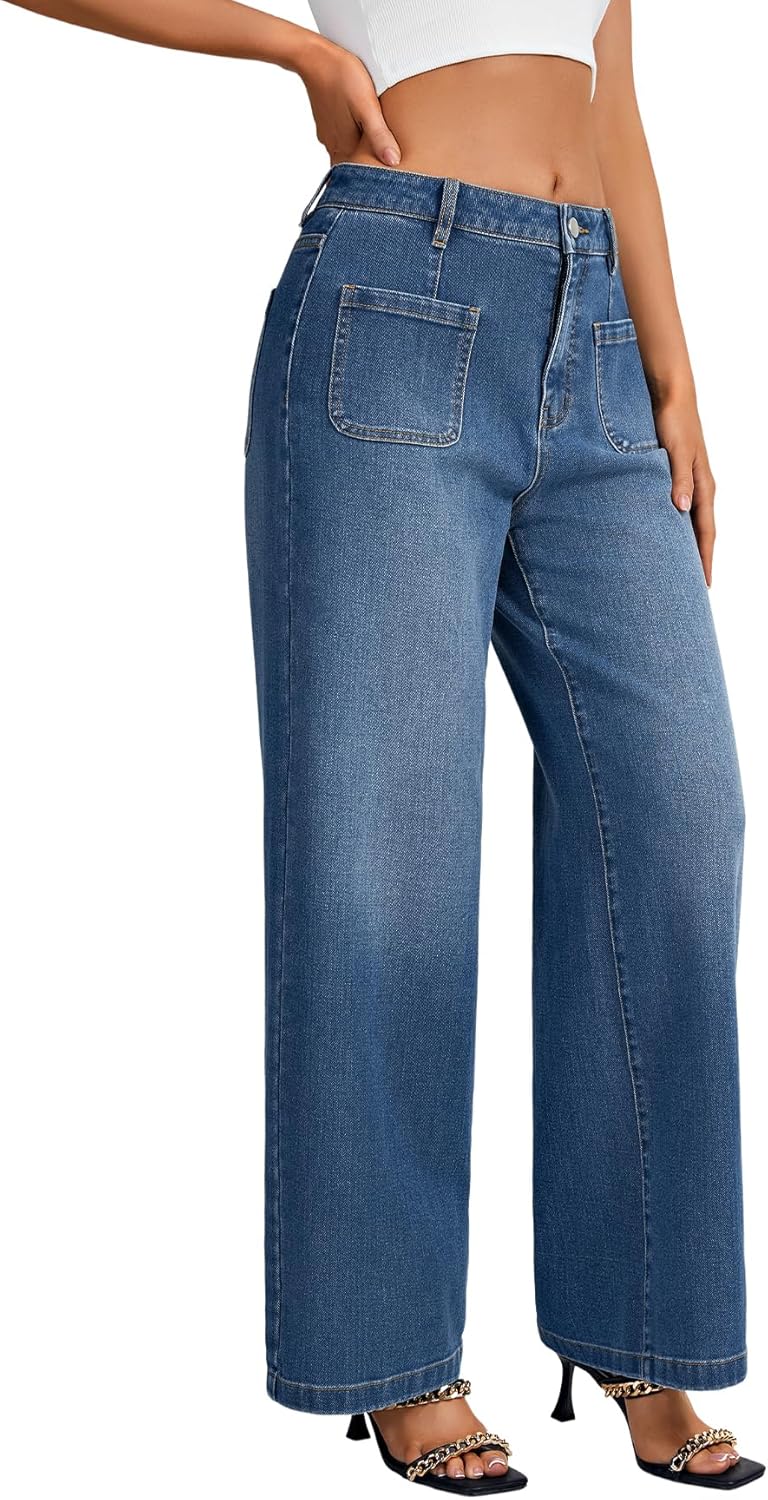 LYANER Women's Wide Leg Jeans High Waist Button Down Straight Denim Pants Stretchy Baggy Jean