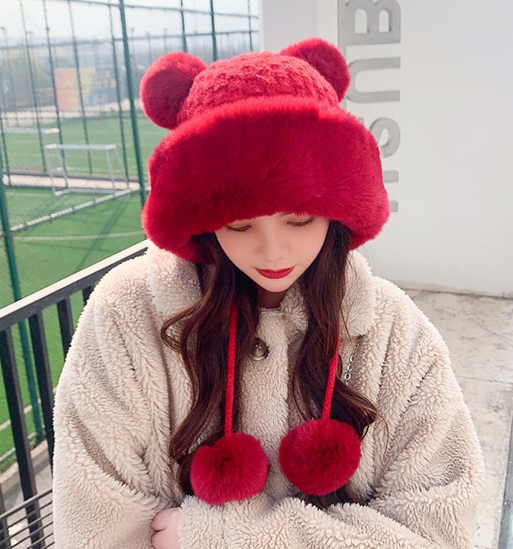 Winter Pompom Beanie Hats for Women Fluffy Knit Womens Beanie Faux Fur Crochet Skull Cap Warm Bucket Outdoor Ear Cover - Image 4