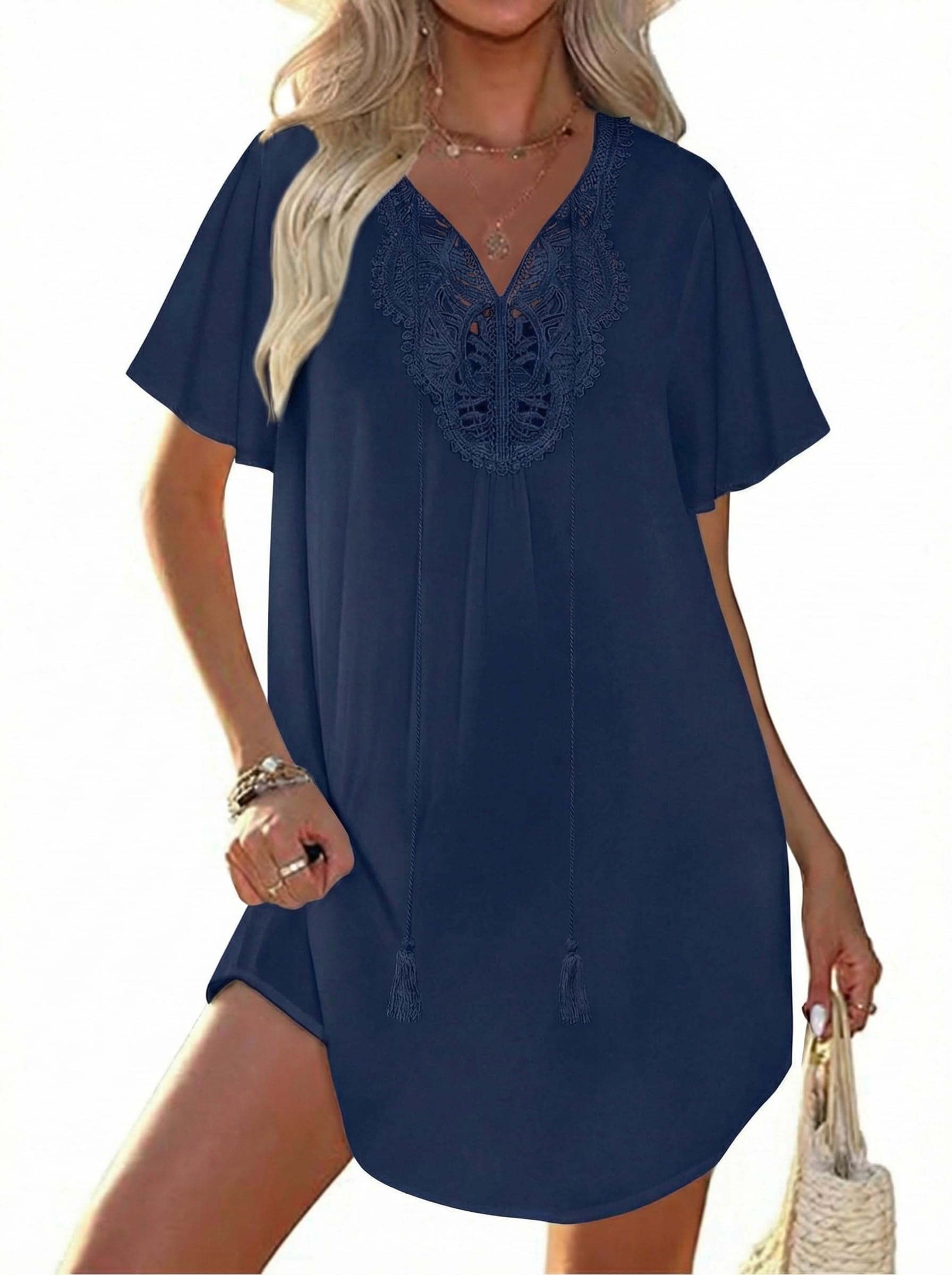 Ekouaer Damen Strandkleid Spitze Strandtunika V Ausschnitt Kurz Sommer Strandponcho Bikini Cover Up S-XXL