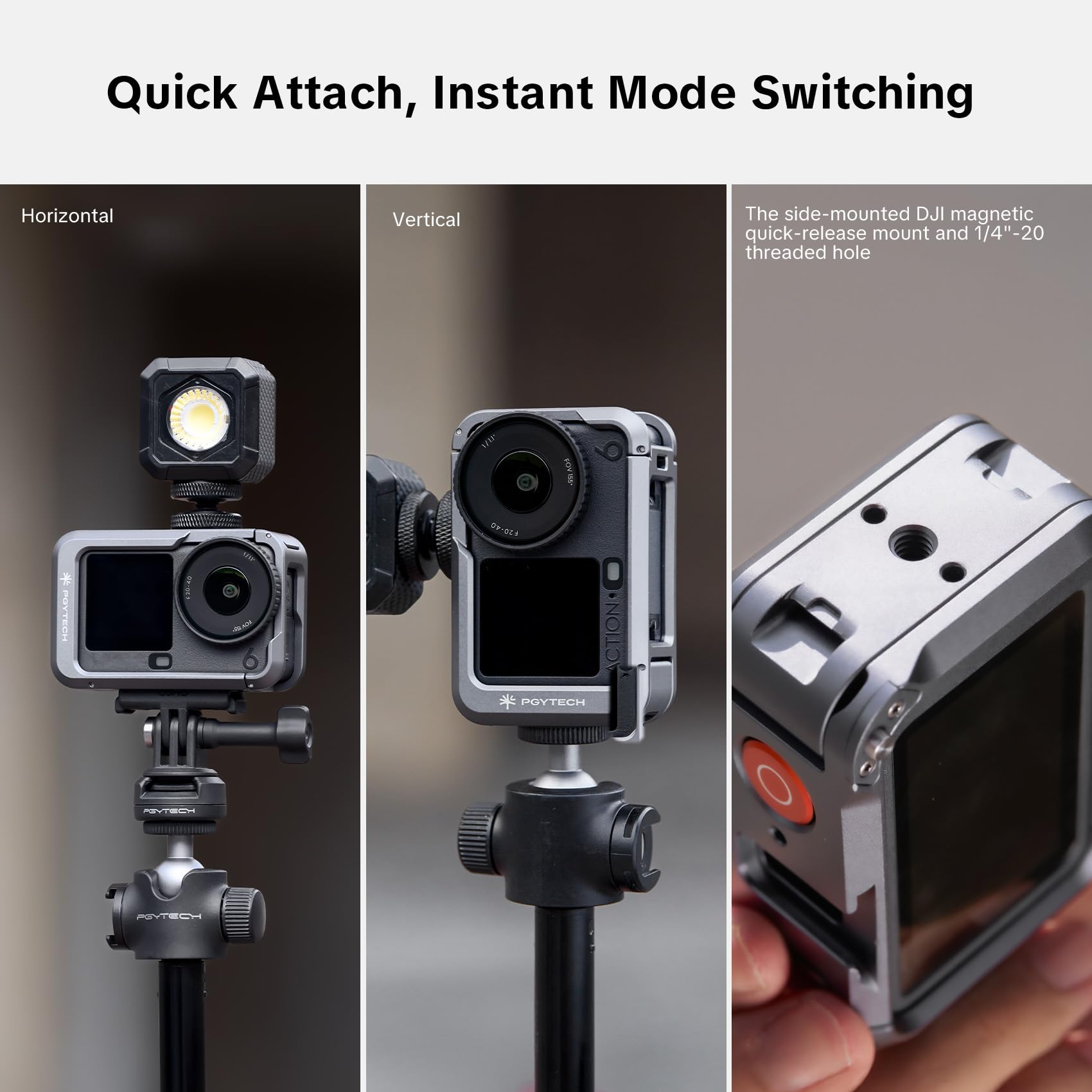 PGYTECH Caméra Cage pour DJI OSMO Action 6 Boîtier Alliage Aluminium Cadre de Protection avec Connecteur Magnétique à libération Rapide, Filetage Trou 1/4 Pouce pour Accessoires Lumière/Microphone