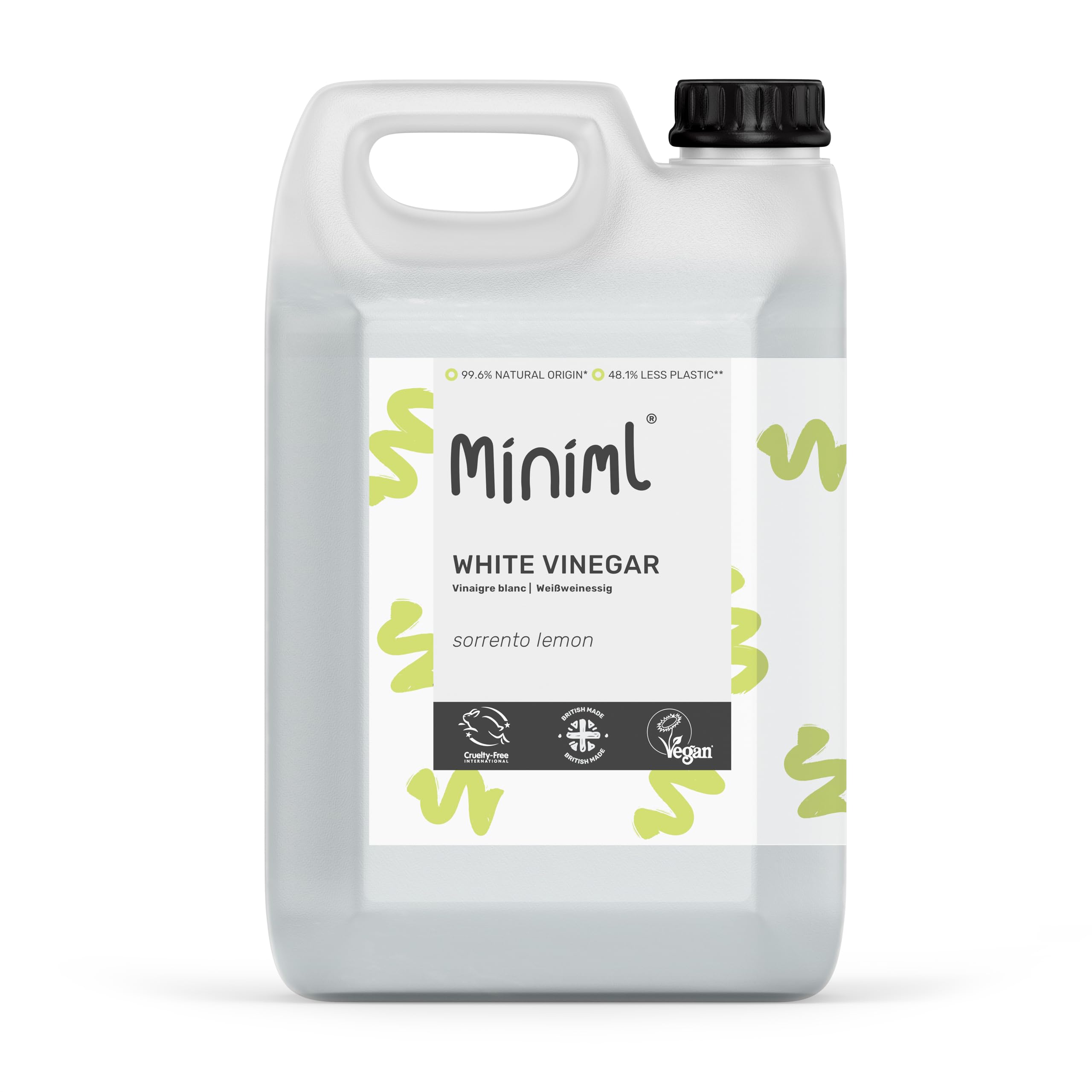 Miniml Eco White Vinegar Cleaning Sorrento Lemon Scented - All Natural Multi-Surface & Multi-Purpose Cleaner, Limescale Remover, Laundry Softener & More - 100% Vegan & Cruelty Free (5L (Pack of 1))