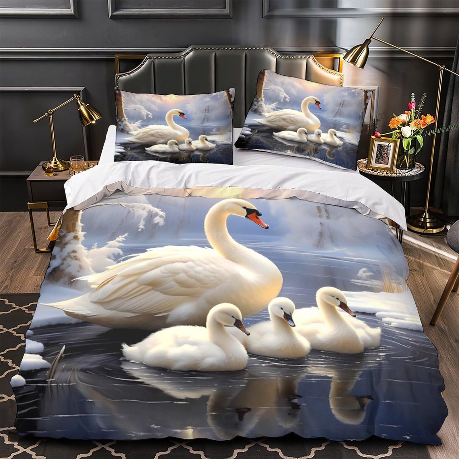 Housse de couette super douce motif cygne d'hiver en microfibre