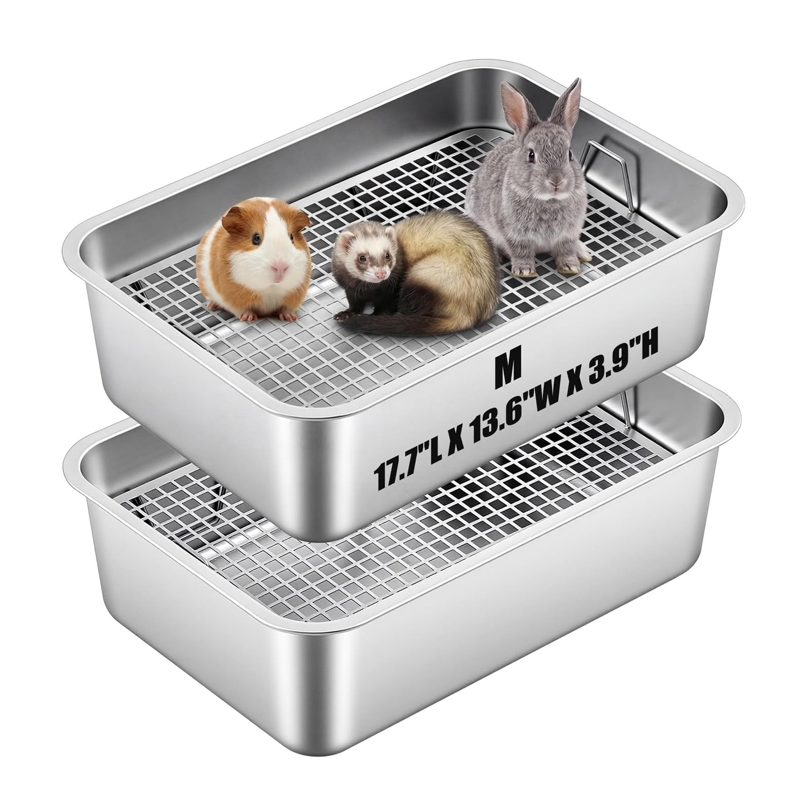 Maxcheck 2 Pcs Large Rabbit Litter Box, Stainless Steel Rabbit Litter Pan with 2 Grids, High Side Bunny Toilet Tray Potty Training Pan for Rats, Ferret, Bunny, Guinea Pig (17.7''l X 13.7''w X 3.94''h)
