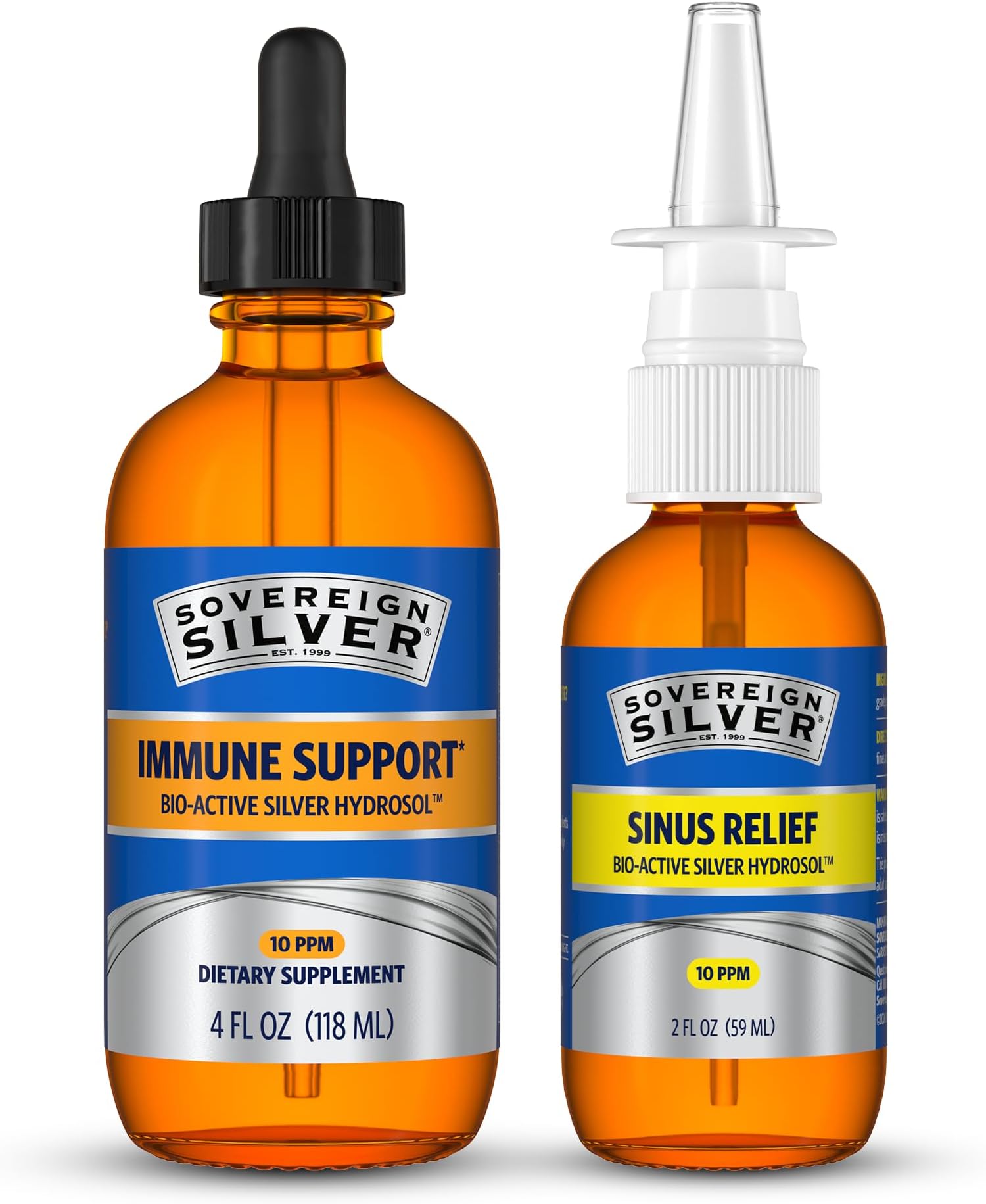 Immune Support + Natural Nasal Spray Bundle, Colloidal Silver Bio-Active Hydrosol 10 PPM, 4 Fl Oz Immune Support with Liquid Dropper & 2 Fl Oz Sinus Care Combo Pack