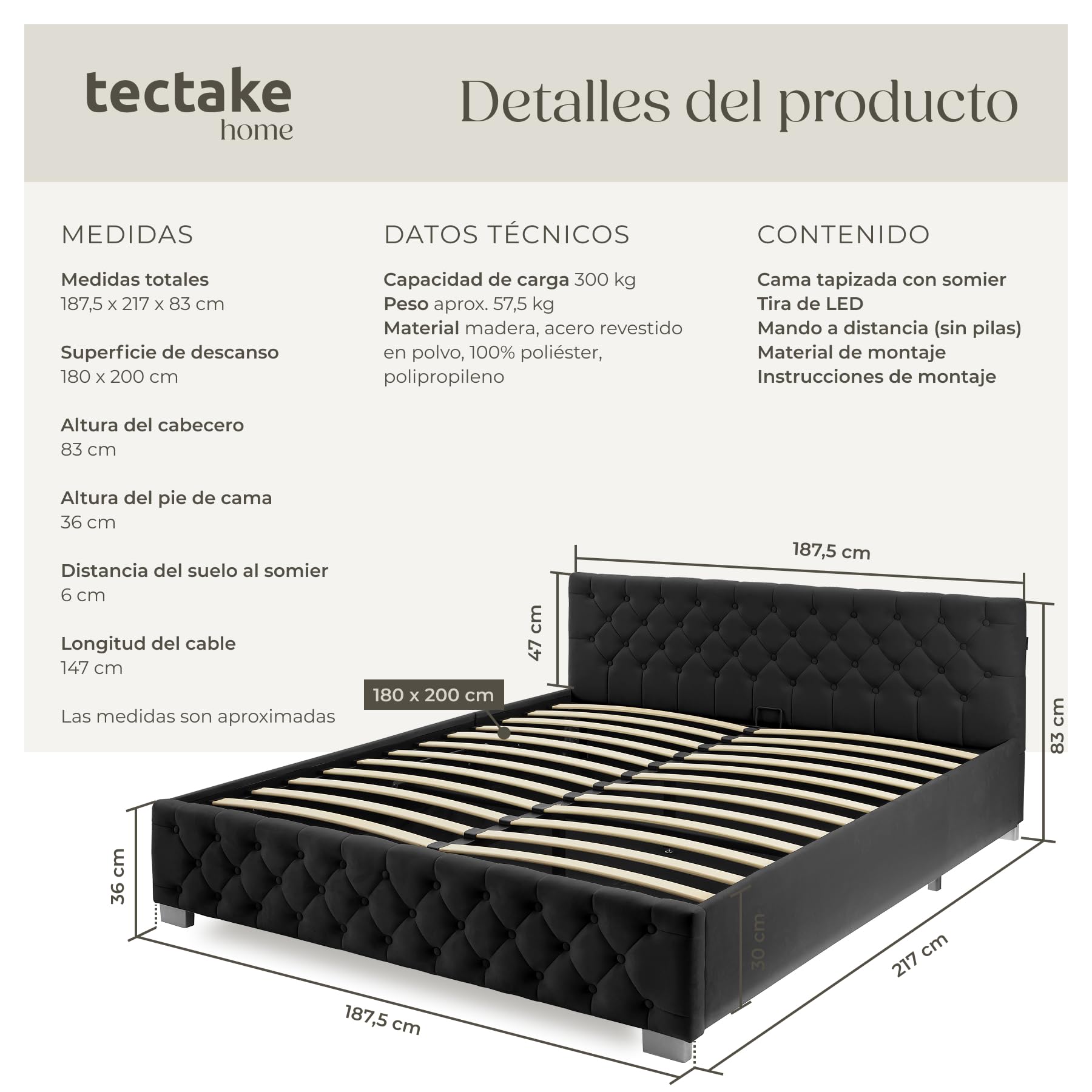 tectake® Cama Tapizada de Terciopelo con Leds, Canape Somier Abatible, Acero Estable, Cama Alta con 300 kg de Capacidad, Mando, Acolchado Chesterfield, Iluminación LED - 217 x 187,5 cm Negro
