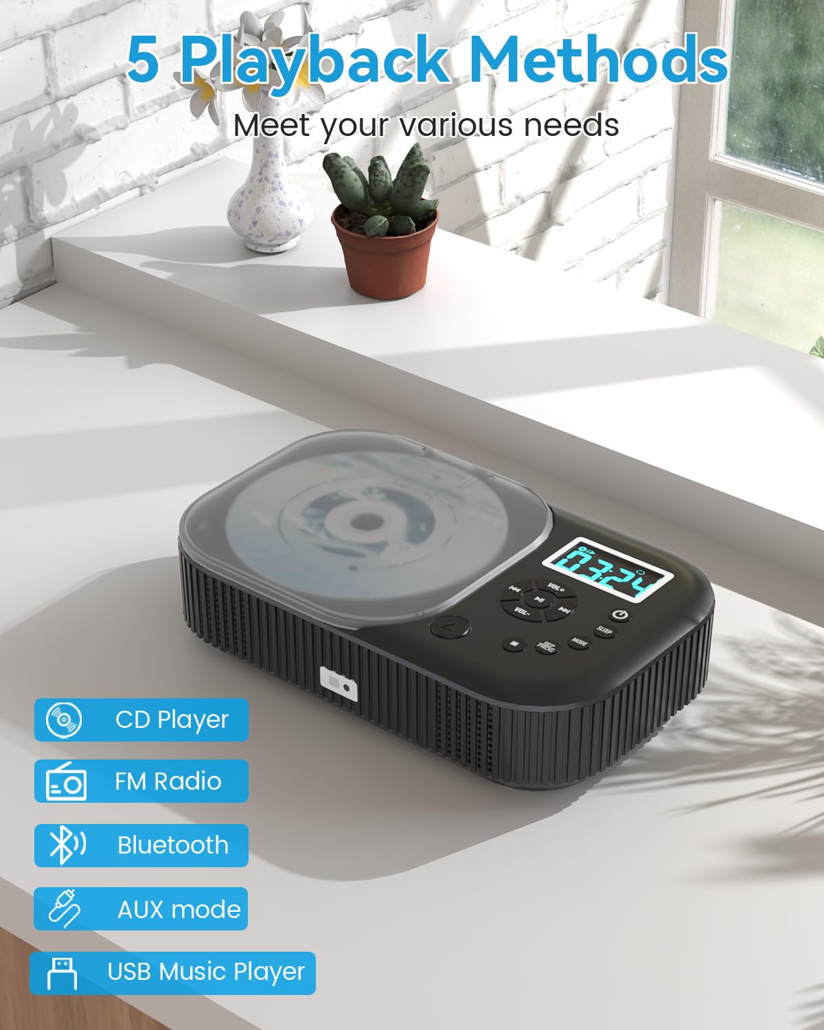 MONODEAL CD Player Tragbar mit Radio FM, Wiederaufladbar CD Player Bluetooth mit Lautsprecher, Unterstützung AUX/USB, Sleep Timer-MD318