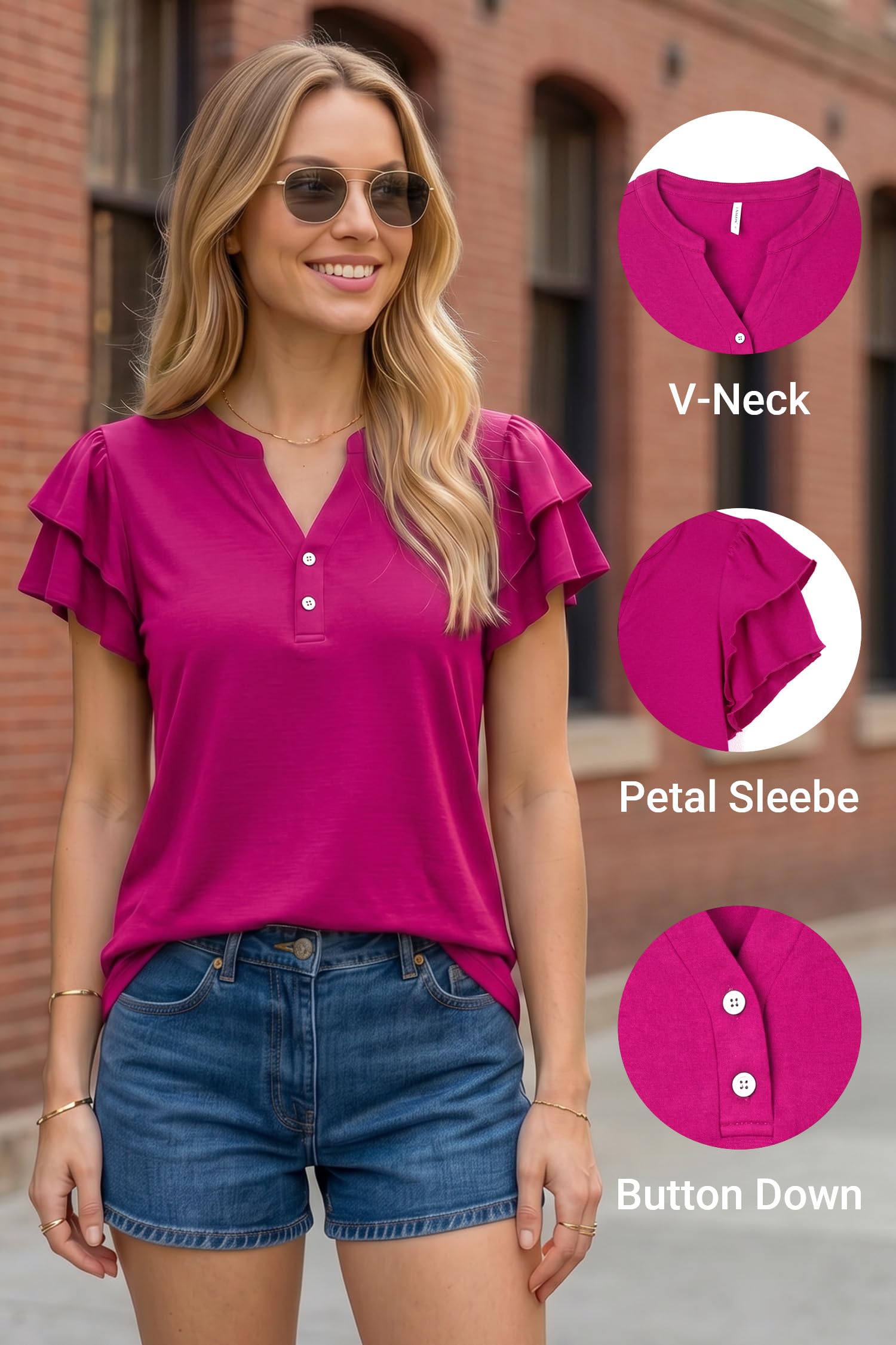 Enmain Camicetta Estive Donna Casual Maglietta con Scollo a V e Volant a Maniche Corte Eleganti Blusa Top con Bottoni per Lavoro