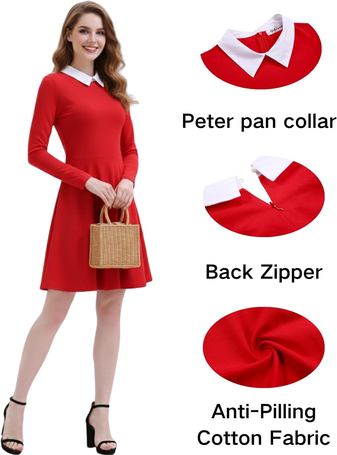 Aphratti Women's Long Sleeve Peter Pan Collar A-Line Fit Flare Skater Dress Casual Fall Halloween Costumes Adult 2025 - Image 4