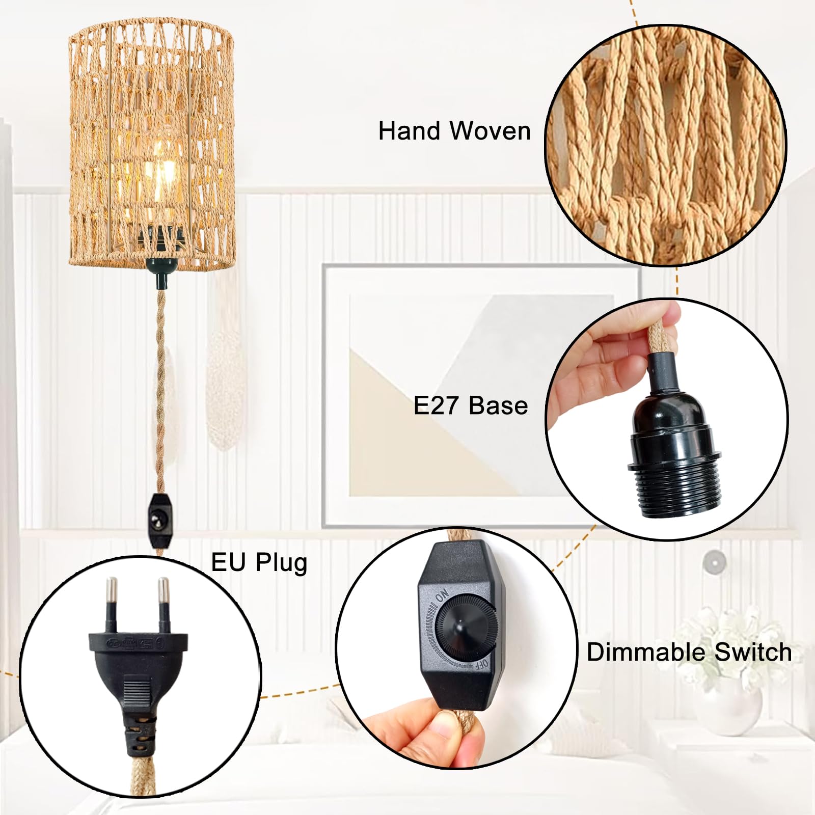 2 Stück Wandleuchte Innen Rattan, Boho Hanfseil Wandlampe mit Dimmbar Schalter & Stecker, Rustikal Vintage Wandlicht mit Kabel, Retro E27 Wandstrahler für Schlafzimmer Treppenhaus(Ohne Glühbirne)