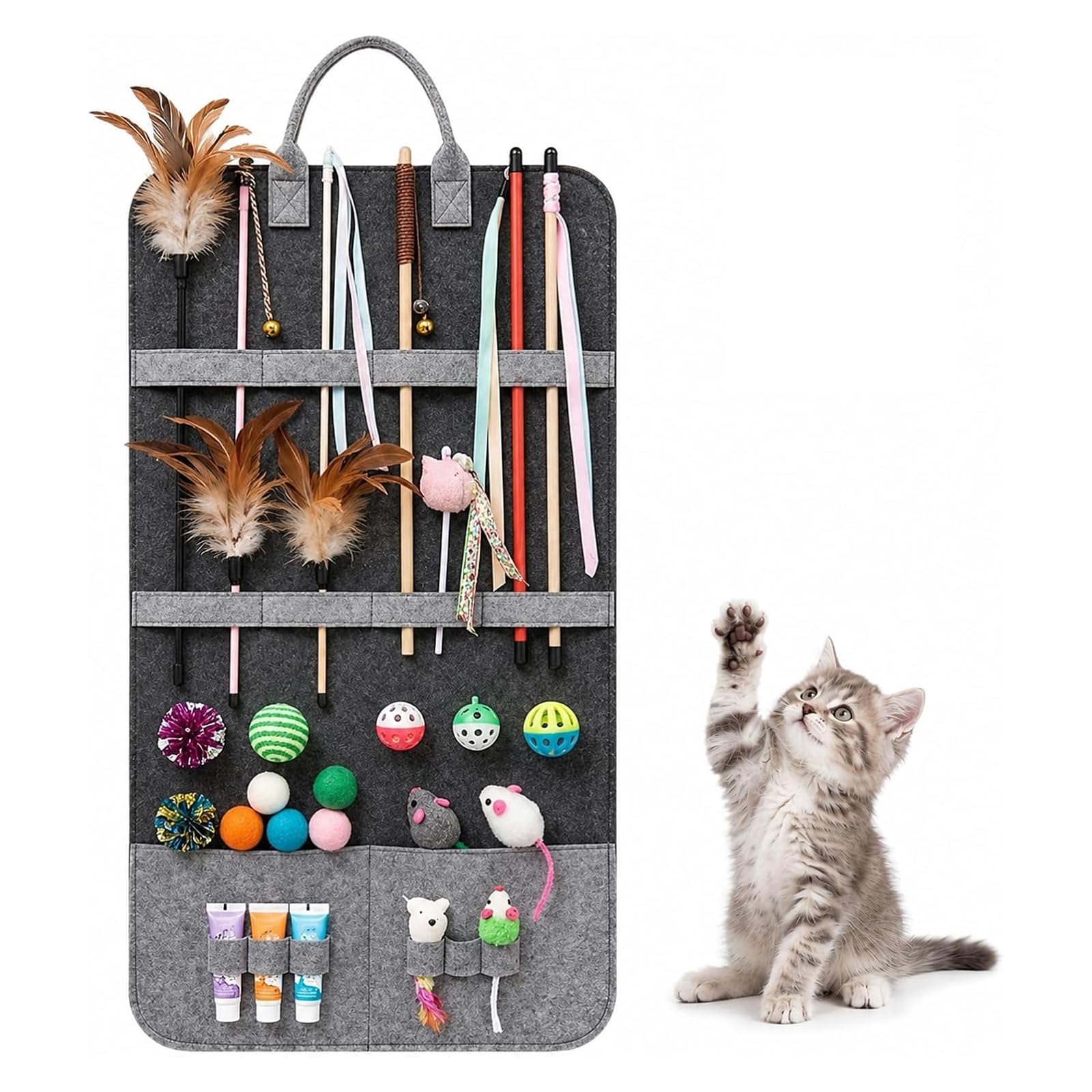 HSYTEK Cat Toy Storage, Cat Fishing Storage with Adhesive Hooks, Felt Cat Toy Box, Organiser for Cat Fishing Rod & Toy, for Cat Accessories (40 x 80 cm)