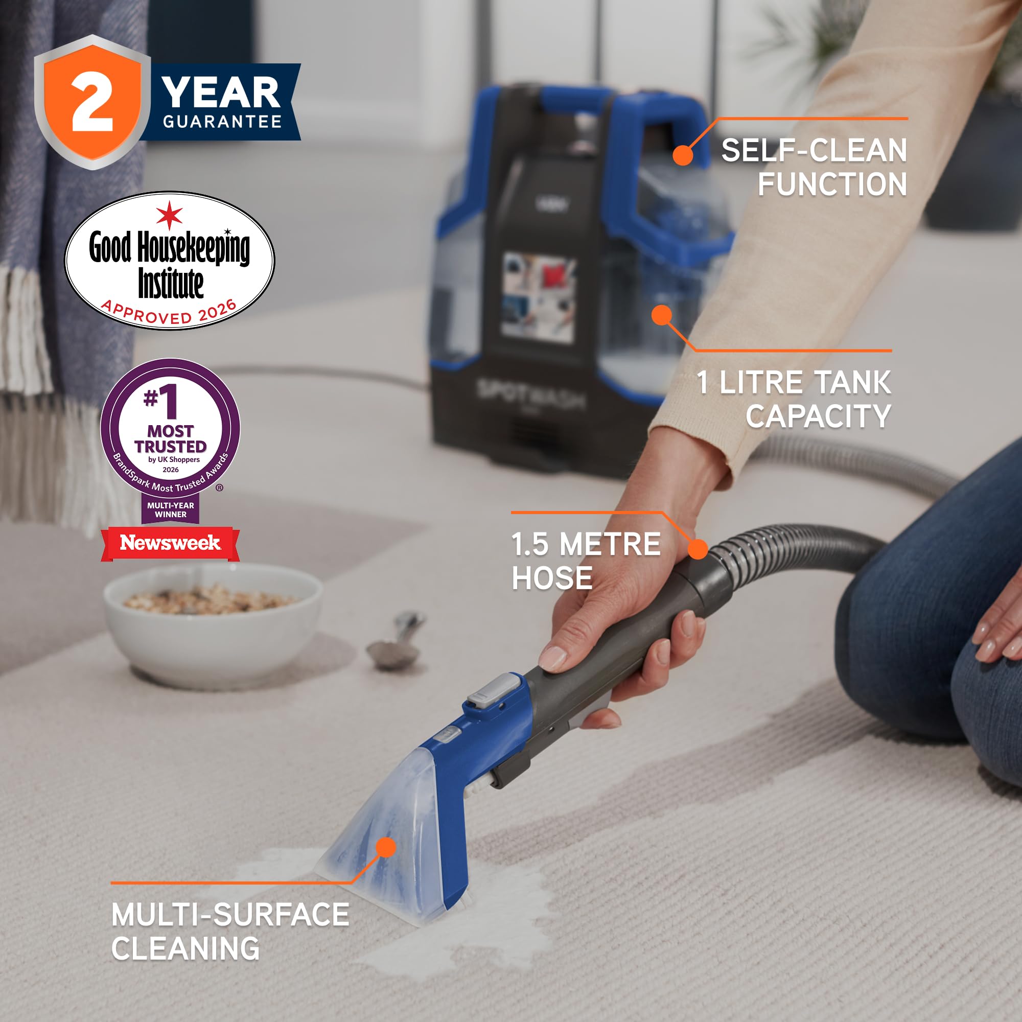 VAX SpotWash Duo Spot Cleaner, For Stains, Spills & Pet Messes, Suitable for Car, Sofa, Upholstery, Compact, Handheld Cleaning Machine Includes Pet Tool & Vax 250ml Solution, CDCW-CSXA. — view 2