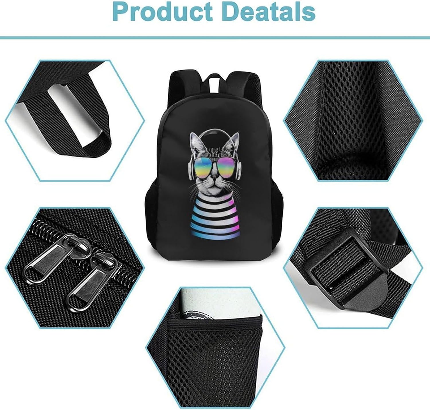 Backpack for Women Men Unisex Sturdy and Durable Sunglasses Earphone Pet Animal Dj Cat Black Shoulders Bag for Work Outdoor College