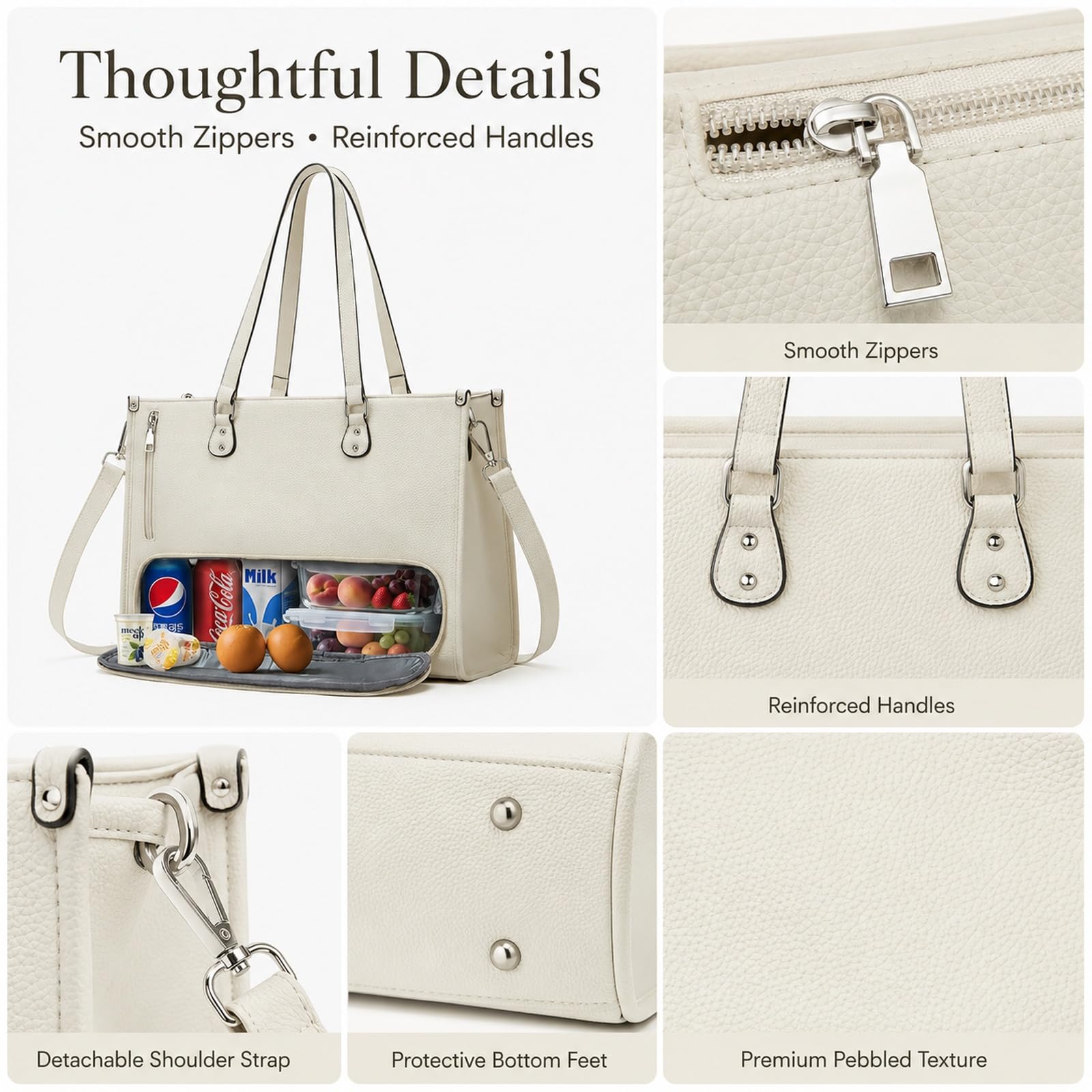 GOOGO Borsa pranzo donna con scomparto termico, borsa laptop elegante idrorepellente con vano lunch separato e molte tasche, per ufficio, campus e pendolarismo (bianco)