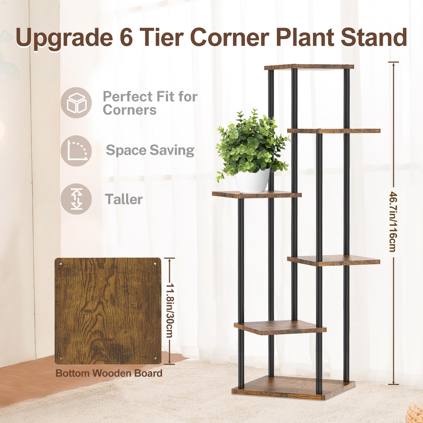 KAZITOO 6 Tier Tall Plant Stands Corner Indoor, 116cm Large Metal