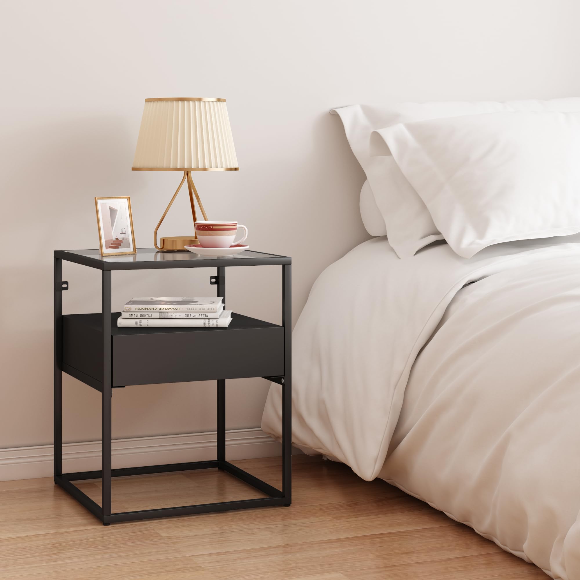 [en.casa] Comodino in Acciaio Tavolino Basso da Divano 51 x 40 x 40 cm con Piano Tavolo in Vetro Temperato Tavolino a Cubo con Cassetto e Scomparto Aperto - Nero Opaco
