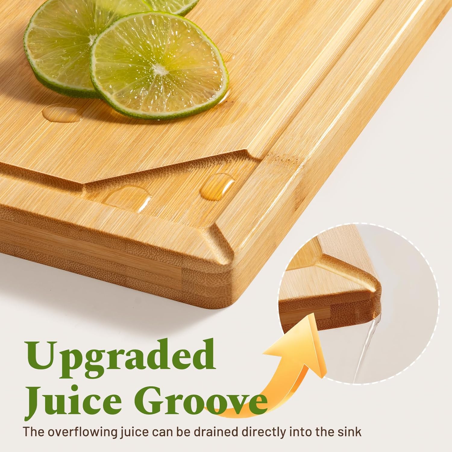 Kikcoin Bamboo Cutting Boards for Kitchen, 3 Piece Wood Cutting Board Set with Stand and Non-slip Feet, Knife Friendly Chopping Board with Juice Grooves, Serving Tray with Built-in Handles - Image 8