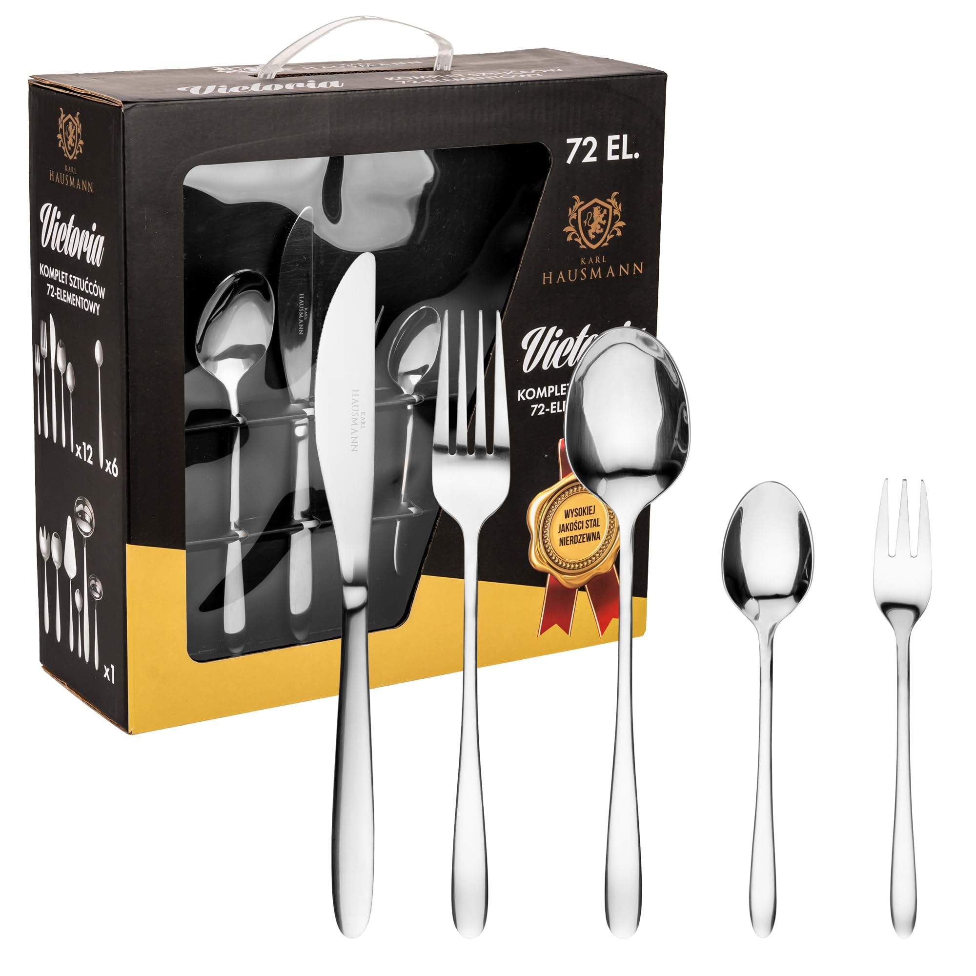 KARL HAUSMANN Set Posate 12 Persone, 72 Pezzi in Acciaio Inox 18/0 - Servizio Posate con Coltelli Forchette Cucchiai + Posate da Servizio, Scatola Regalo, Finitura Lucida, Lavabili in Lavastoviglie