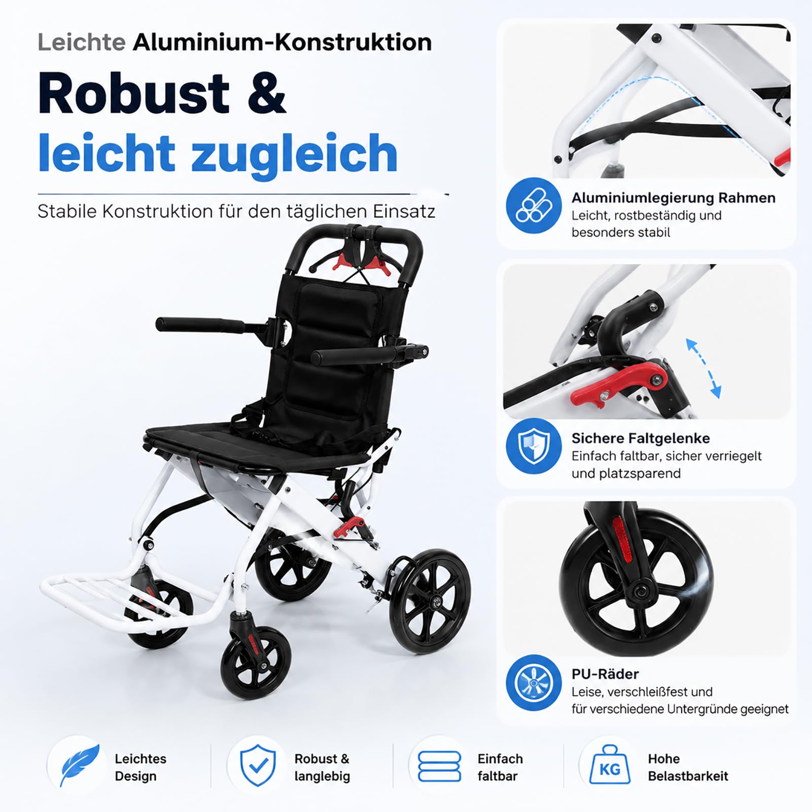 Leichtgewicht Rollstuhl Faltbar | Nur 8,2 kg, kompakt faltbar für Reisen und Alltag. Mit Sicherheitsgurt, PU Rädern und stabilem Carbonstahlrahmen.