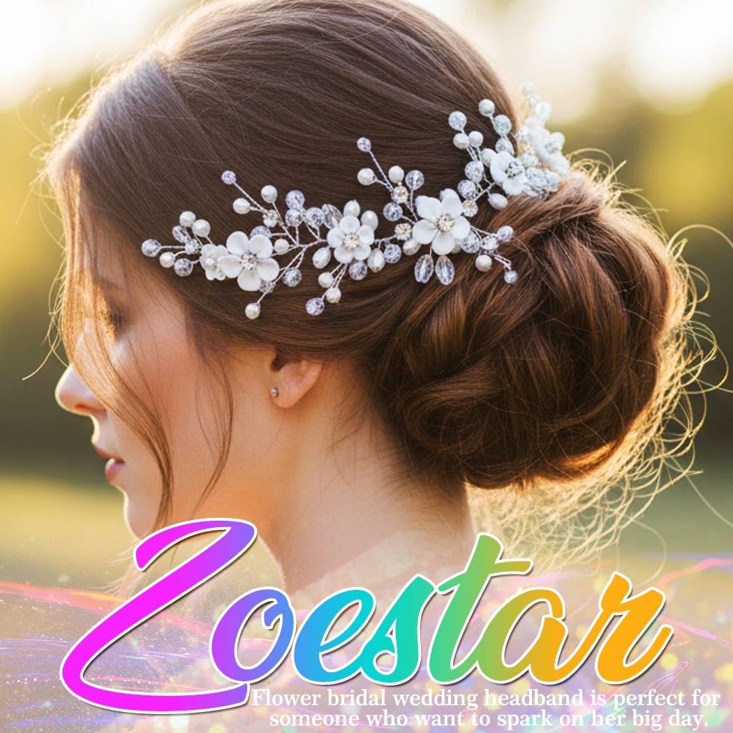 Flower Bride Wedding Hair Vine Silver Pearl Headband Hair Piece Crystal Bridal Hair Accessories for Women and Girls (Silver, One Size) - Image 4