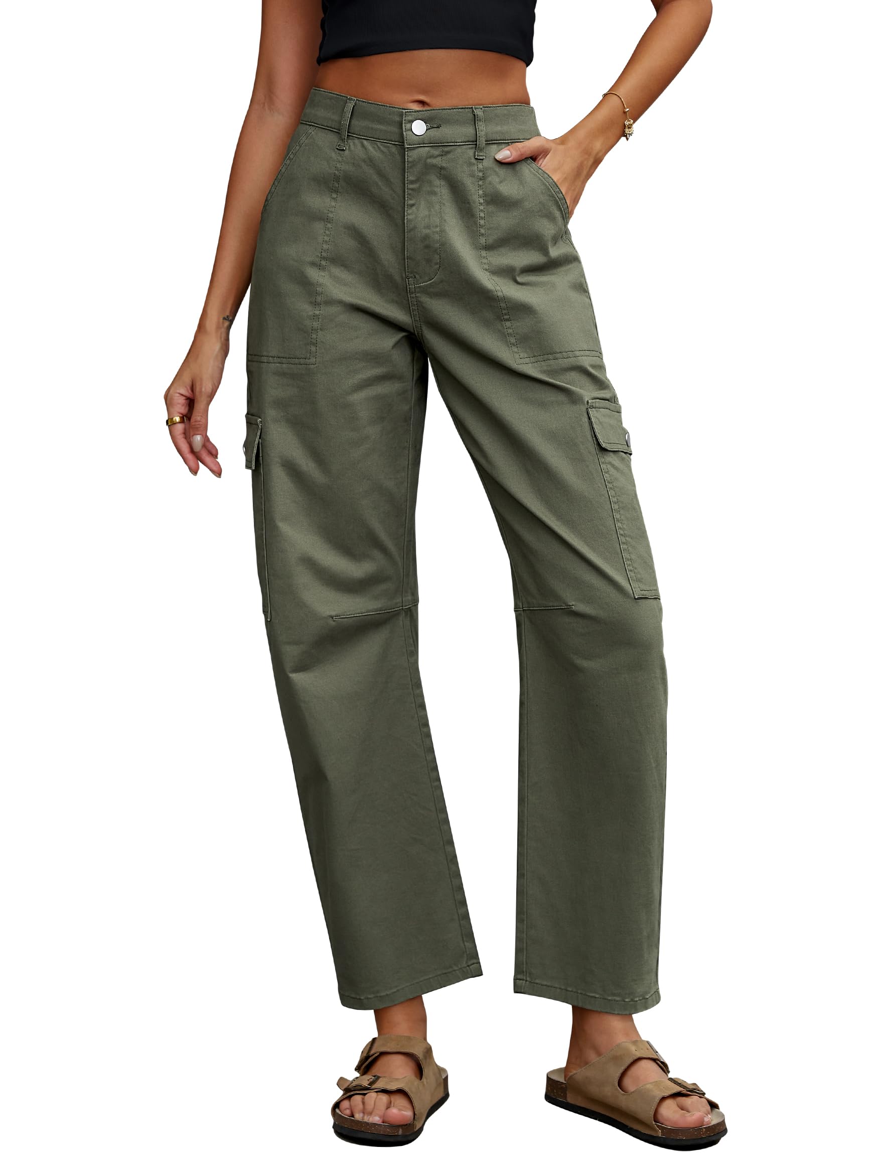 Eddoyee Cargo Pants Women Barrel Jeans Wide Leg Baggy Work Denim Pants High Waist Trousers Stretchy with 6