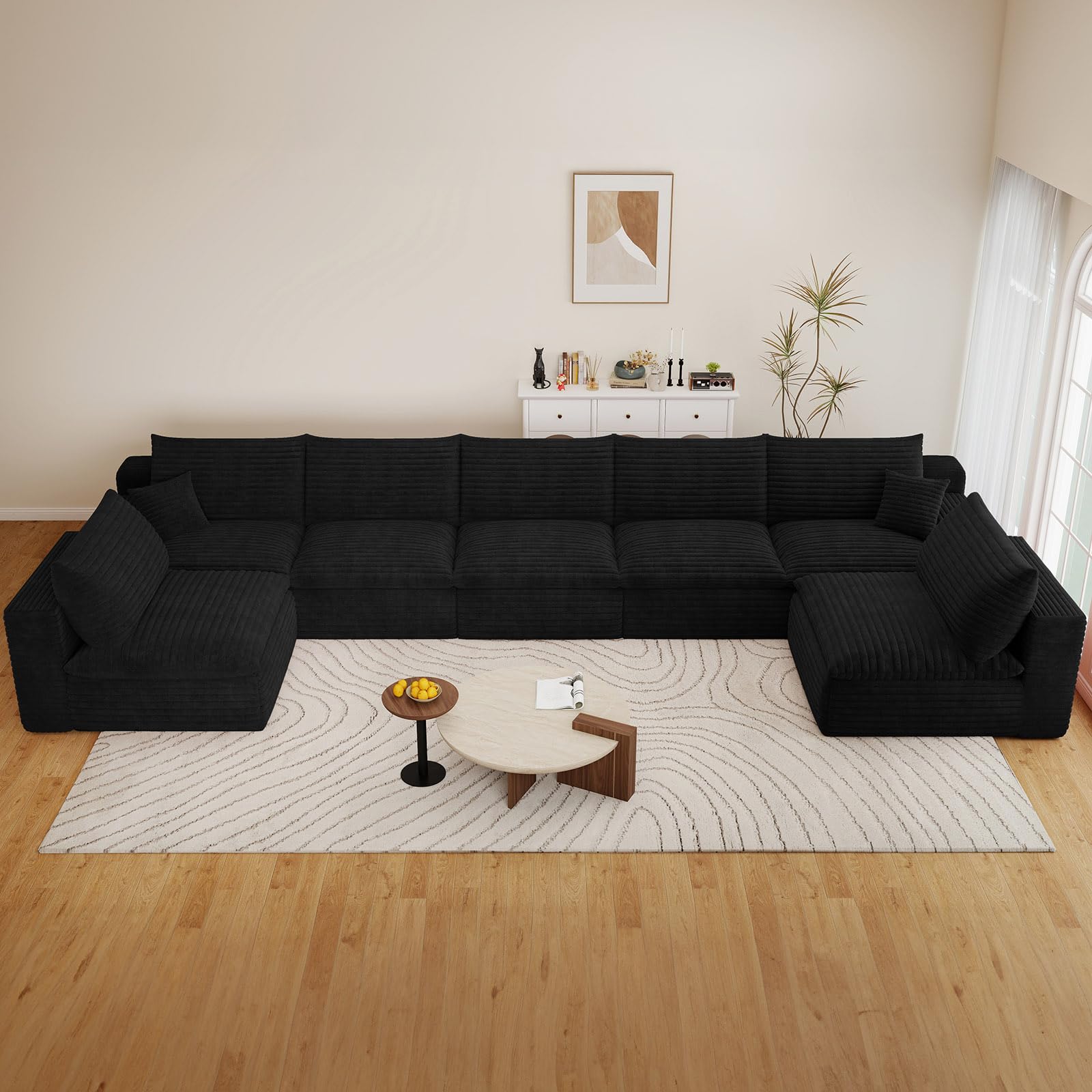 165" Cloud Couch Modular Sectional Sofa for Living Room, U-Shape Boneless Couch with Deep Seat, Modern Corduroy 7-Seater, No Assembly Required, Black