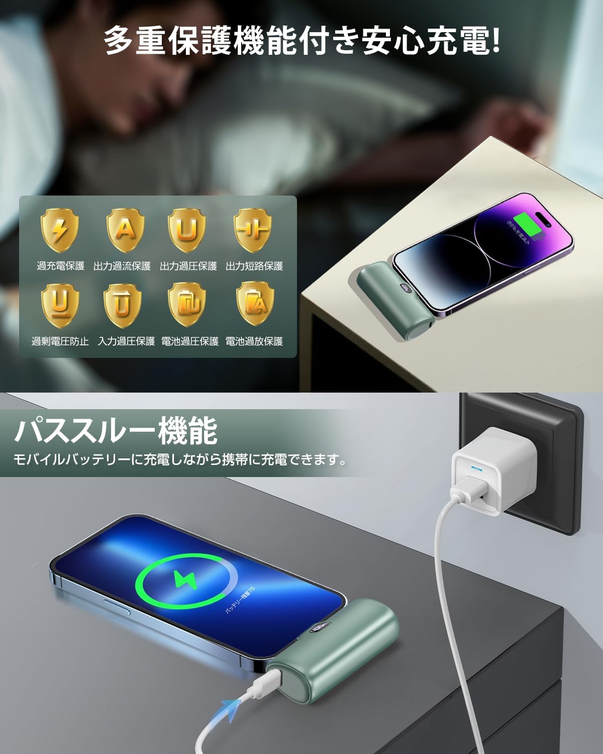 Amazon | モバイルバッテリー コンパクト 軽量 小型 コネクター内蔵