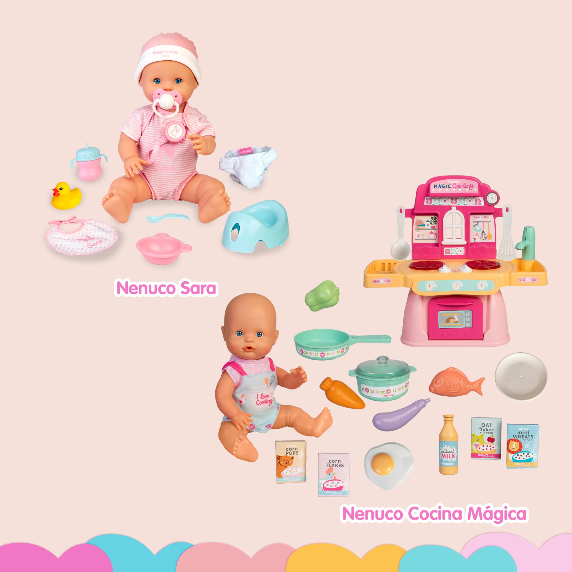 Nenuco - Cocinita Mágica, Muñeco de 30 cm con Cuerpo Duro, Incluye +10 Accesorios para Cocinar y Emplatar, Cocinita con Luces y Sonidos de Hervir y Freír, Delantal Personalizado, Famosa (NFNE3000)
