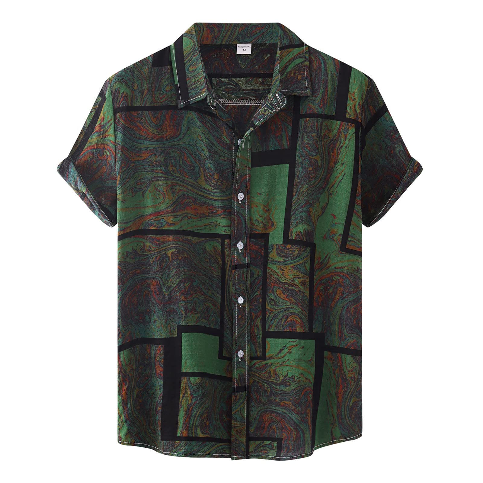 HUTcPNy Camisas Manga Corta Hombre Camisas de Verano Camisa de Cuello de Hombre Camisa de Cuello Sencillo Manga geométrica Corta Casual Gira Impresa - Camisas Men descremadas Verde-A,XL