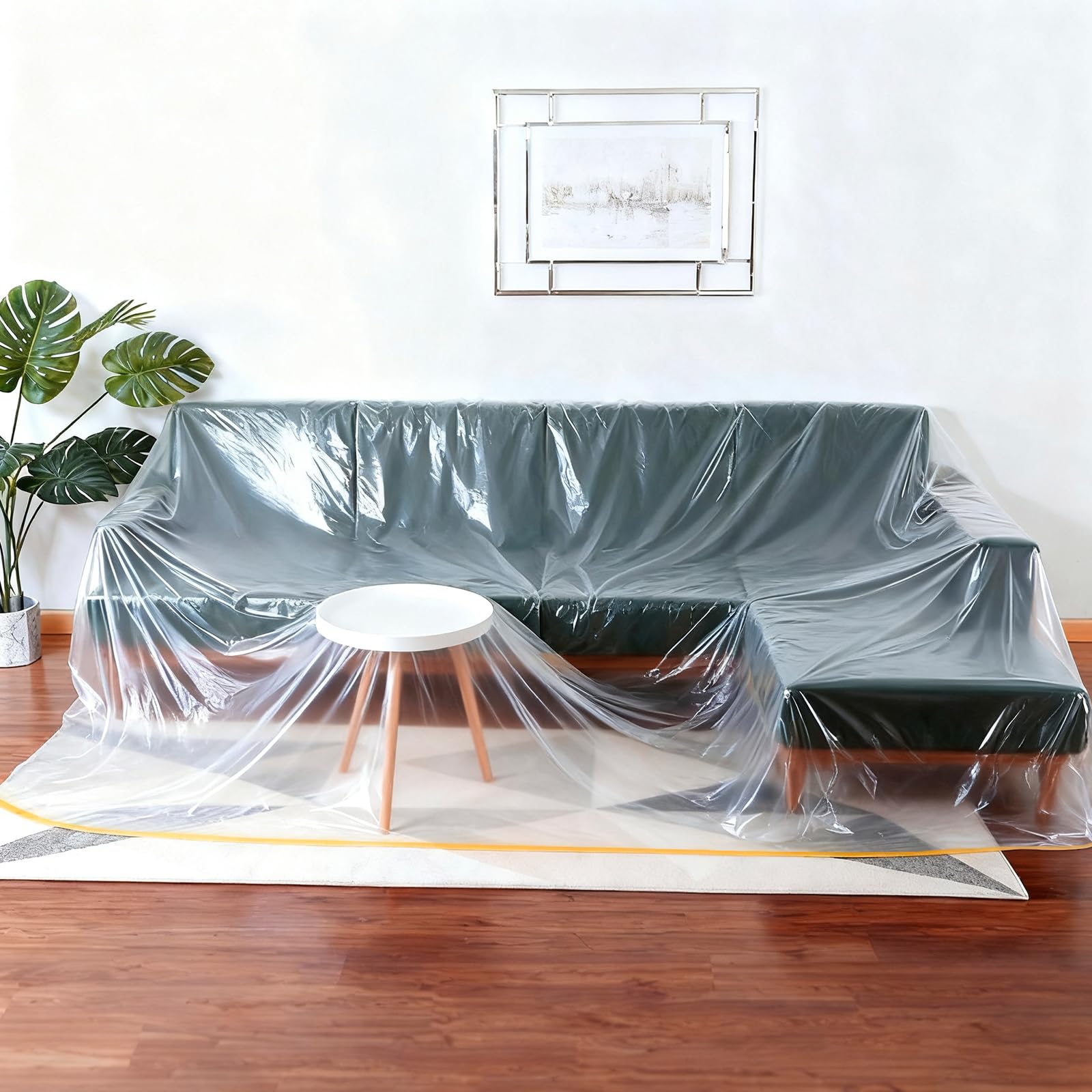sourcing map 65.6ft x 59.1" Plastic Sofa Couch Cover, Waterproof Furniture Protector Covers with Top Adhesive Strap for Sectional Sofa Bed Moving and Storage, Clear