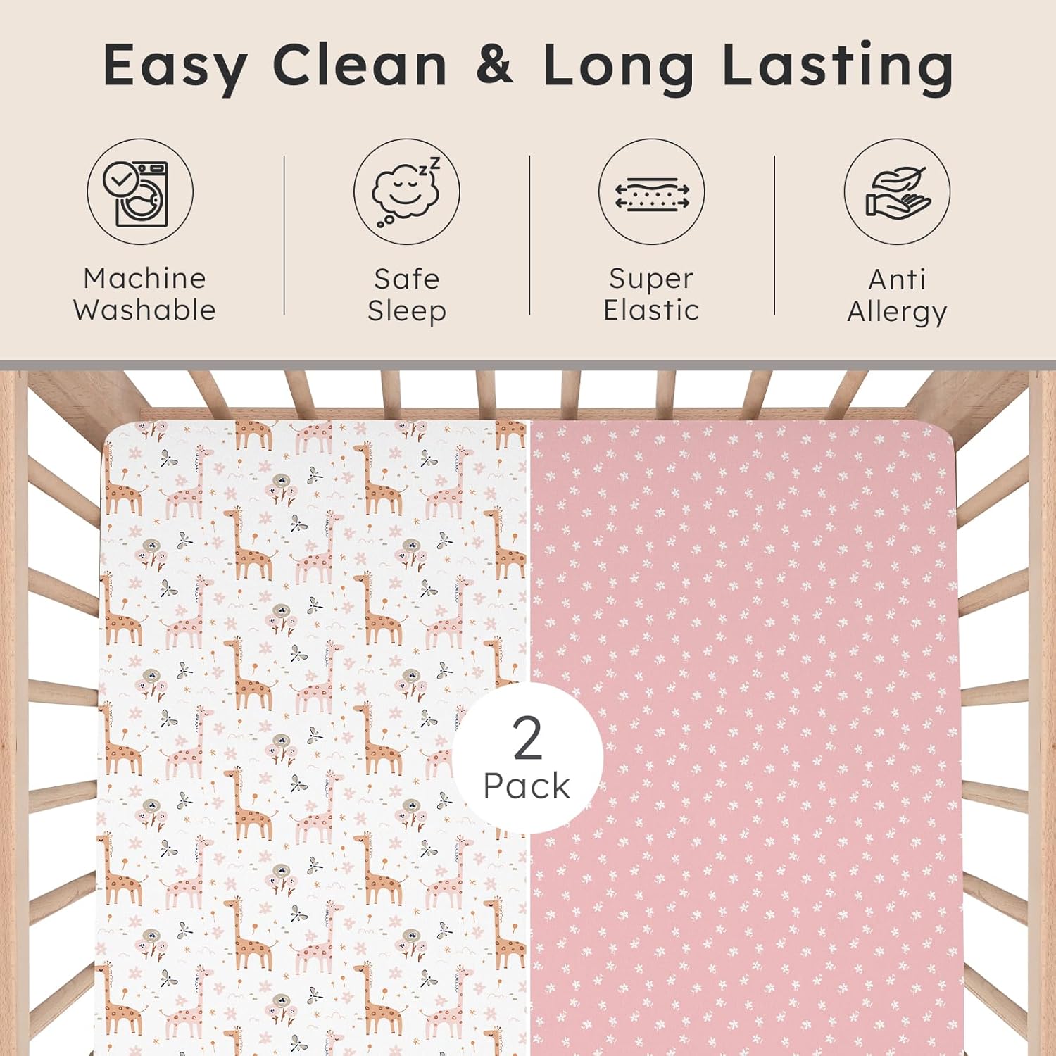 Baby Crib Sheets for Boys Girls Neutral, 2 Pack Crib Mattress Sheet for Standard Crib and Toddler Mattress, Super Soft Breathable Fitted Crib Sheet, 52" x 28" - Image 6