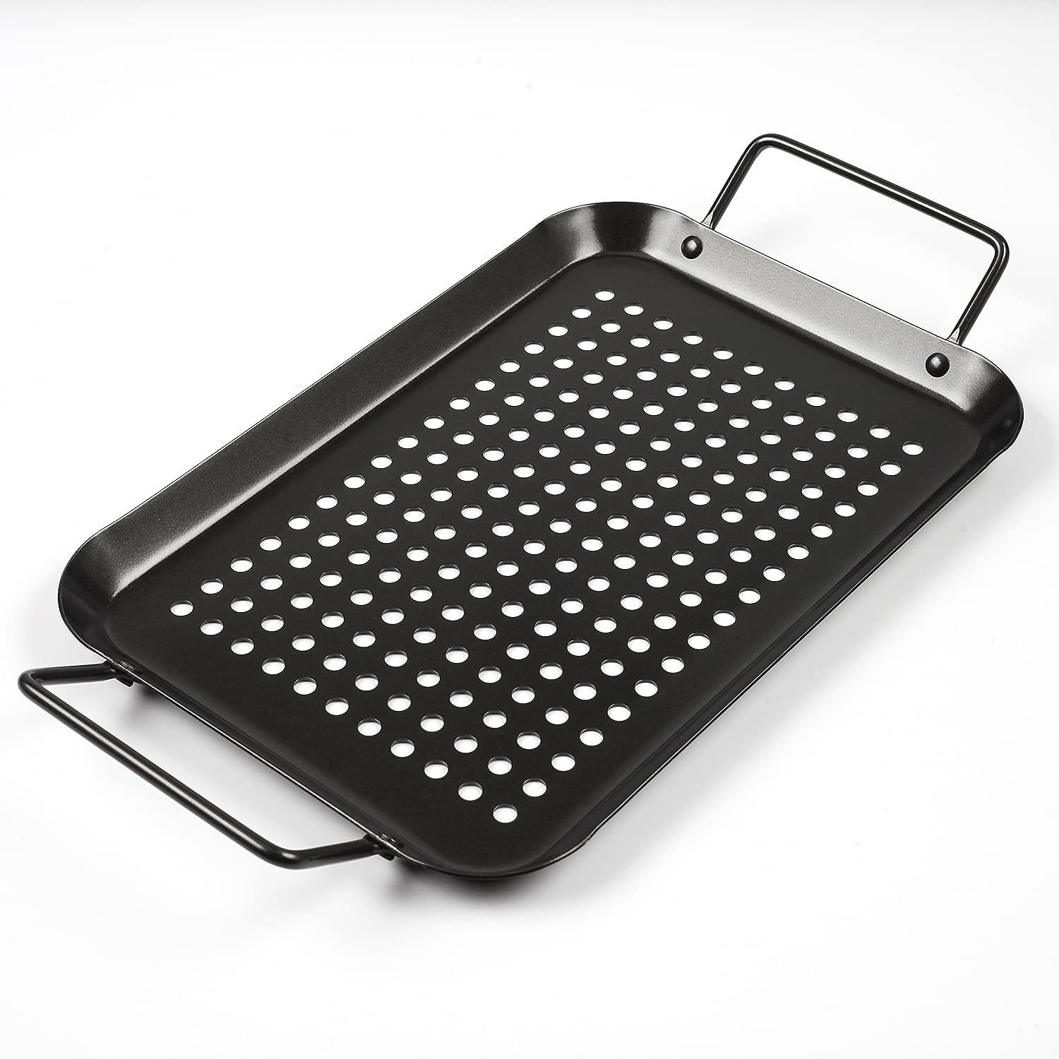 Snevad Square BBQ Grill Pan with Handle and Hole Non-Stick Carbon Steel Grill Basket for Outdoor Cooking Accessories for Fish, Meat, Vegetables, Camping Cookware (35x18.5x1CM)