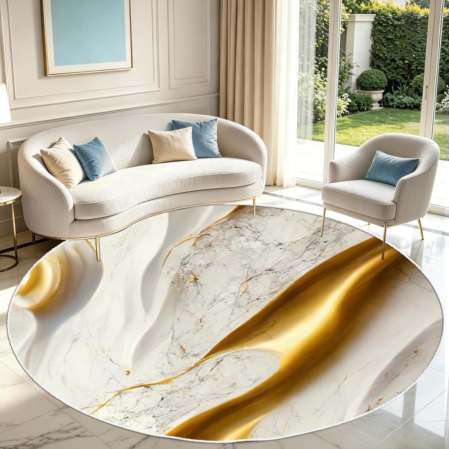 PDENZG White and Gold Marble Rug,180cm,Abstract Luxury 3D Liquid Agate Art Modern Area Rug, Washable Non-Slip White and Gold Round Rug, for Bedroom Living Room Dining Room Bedside Marble Carpet