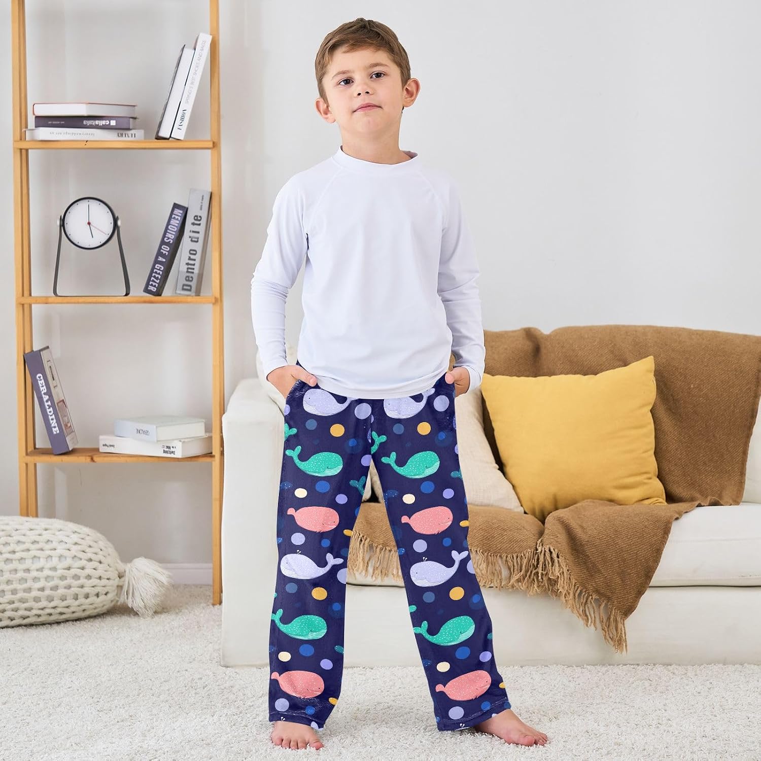 Whales Dolphin Dots Boys Pants for Kids Fleece Bottoms Long Jogger Pants Trousers with Pockets Size 6-14Y