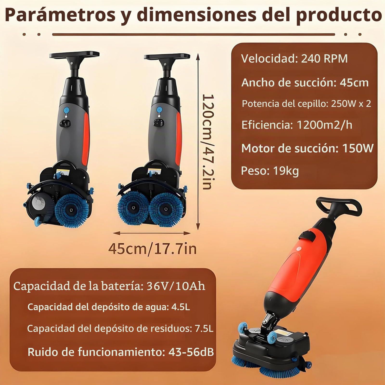 Máquina Limpiadora y Pulidora Eléctrica Profesional - Fregadora de Suelos 3 en 1 con Doble Cepillo Rotativo 360°,Inalámbrica, Ancho 43 cm (16.9"),para Hoteles,Supermercados y Suelos de Terrazo