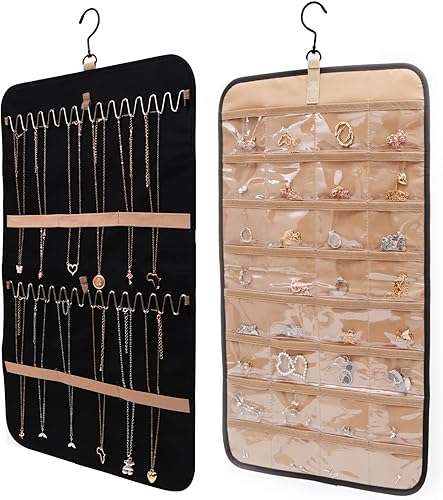 SIMSIN Organizador de joyas colgantes, rollo de almacenamiento con ganchos de metal, soporte de joyería de doble cara para aretes, collares (negro)