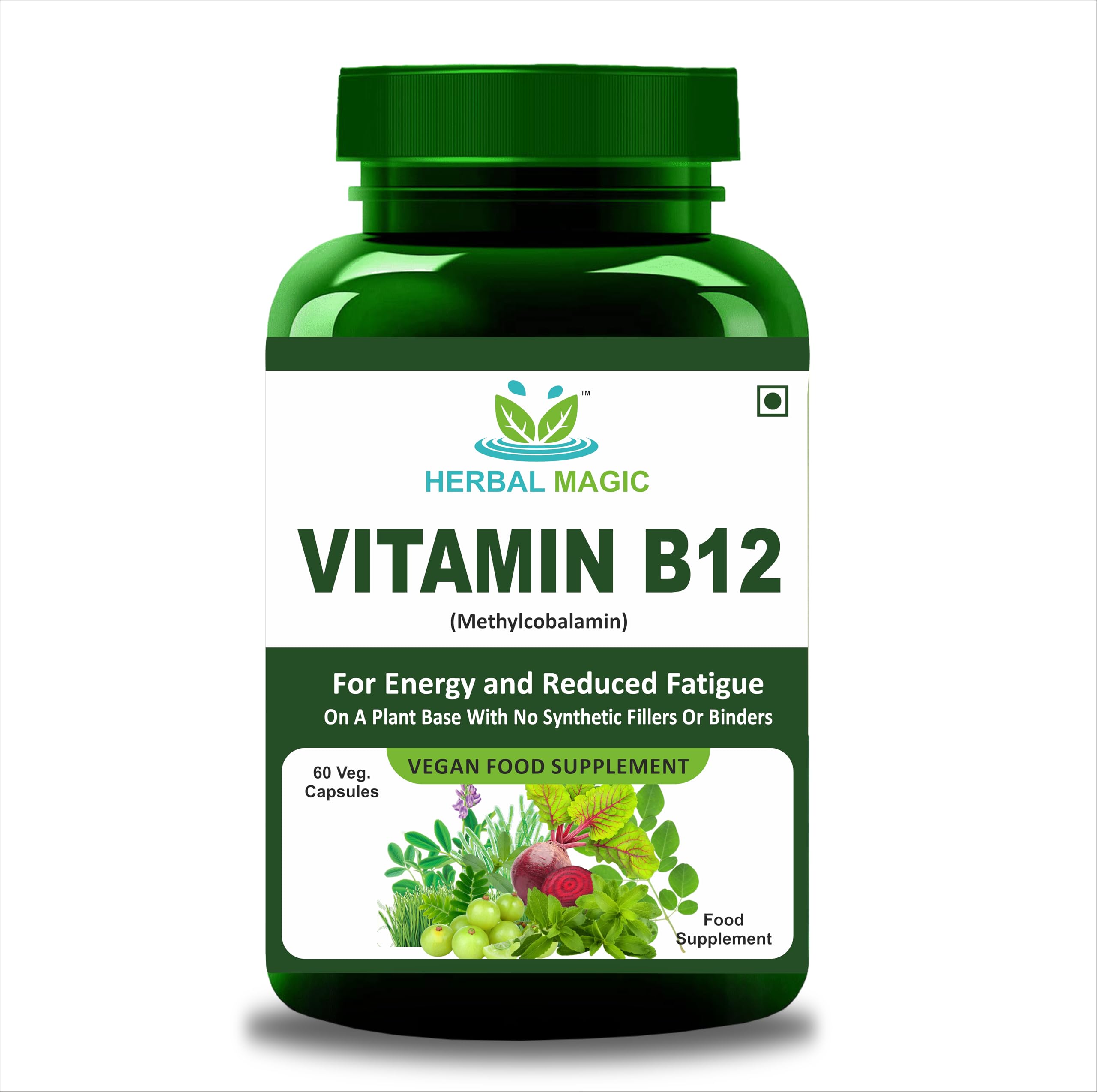 Pure & Natural Vitamin B12 Capsules x 60-9 Types of Fruits/Vegetables/Herbs - 100% Natural Formula - UKAS LAB Tested - Free from Fillers & Preservatives