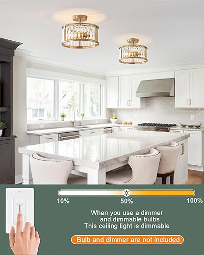 Miniatura 5 de Lámpara de techo empotrada de latón dorado, candelabro de cristal enjaulado de 2 luces, lámparas de pasillo de tambor pequeño para montaje en techo