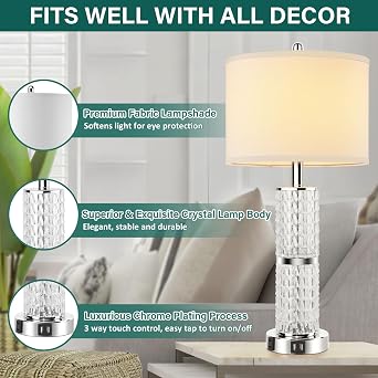3-Way Touch Control Crystal Table Lamps Set of 2, Silver Modern Bedside Lamp with 2 USB Ports & AC Outlets for Living Room, 26' Tall Desk Lamps with White Drum Shade for Bedroom, 2 Free Bulbs Included