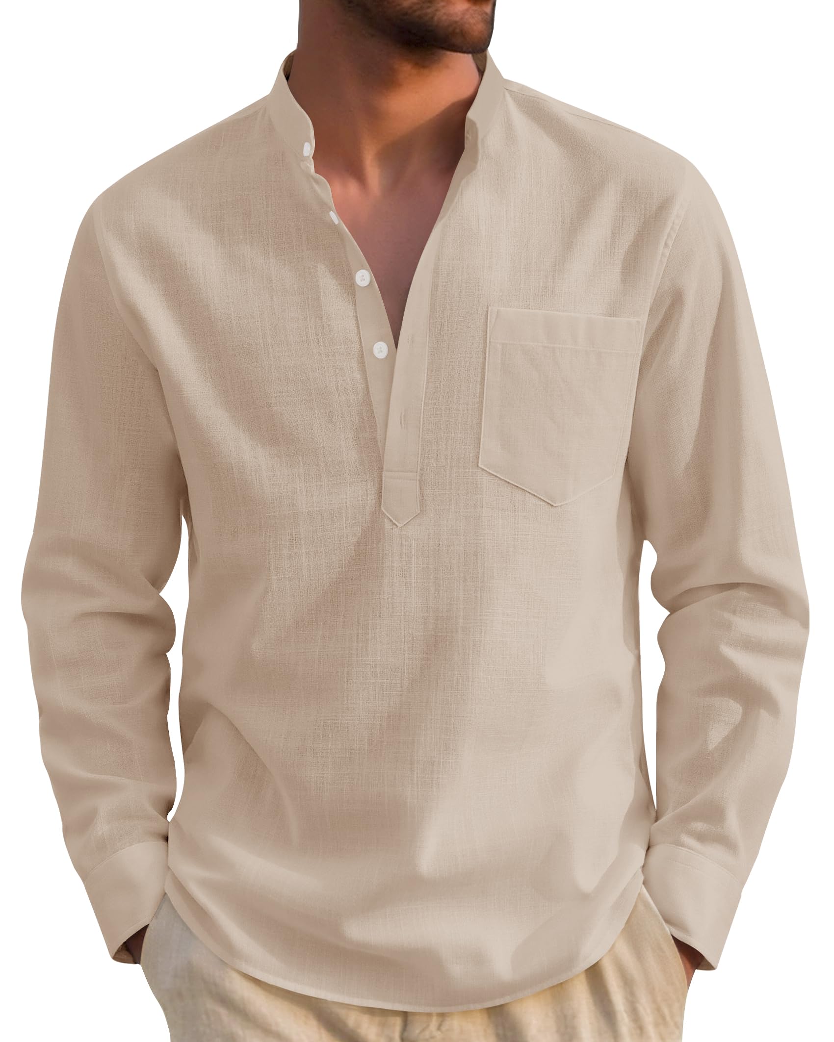 J.VER Hemd Herren Baumwolle leinenhemd Henley Shirt Langarm in Regular Fit Atmungsaktives Freizeithemd mit Tasche für Sommer und Urlaub