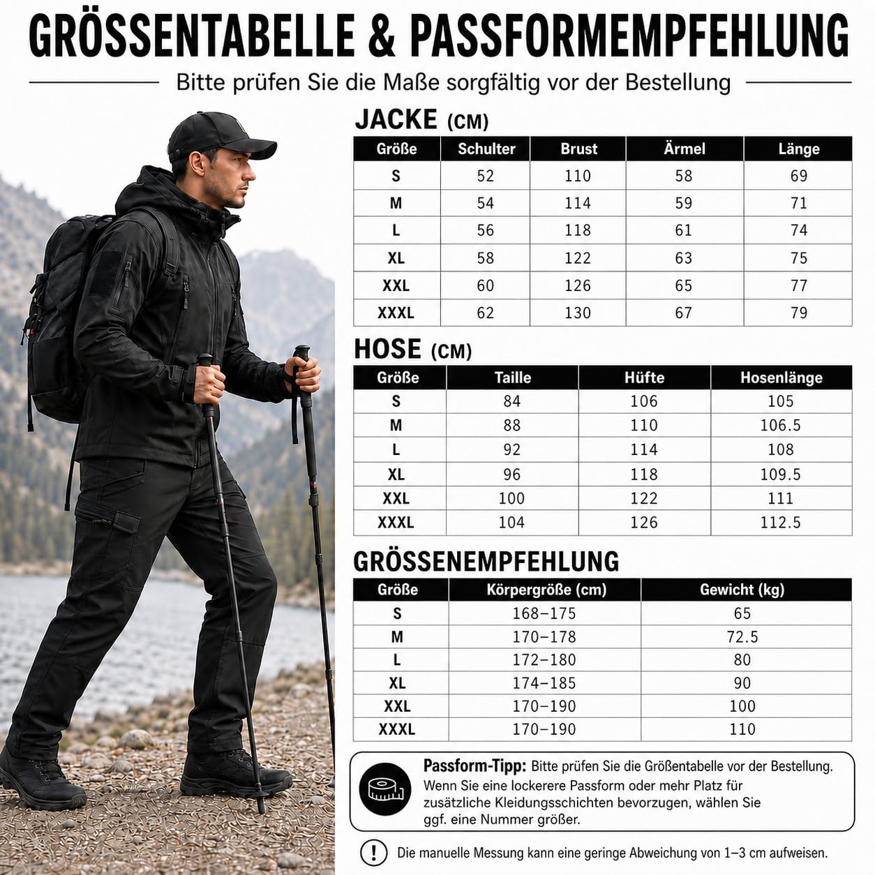 Taktische Jacke und Hose für Herren, Herren taktische Jacke und Herren taktische Hose, Militär Anzug Set für Airsoft, Paintball, Jagd, Wandern und Freizeit