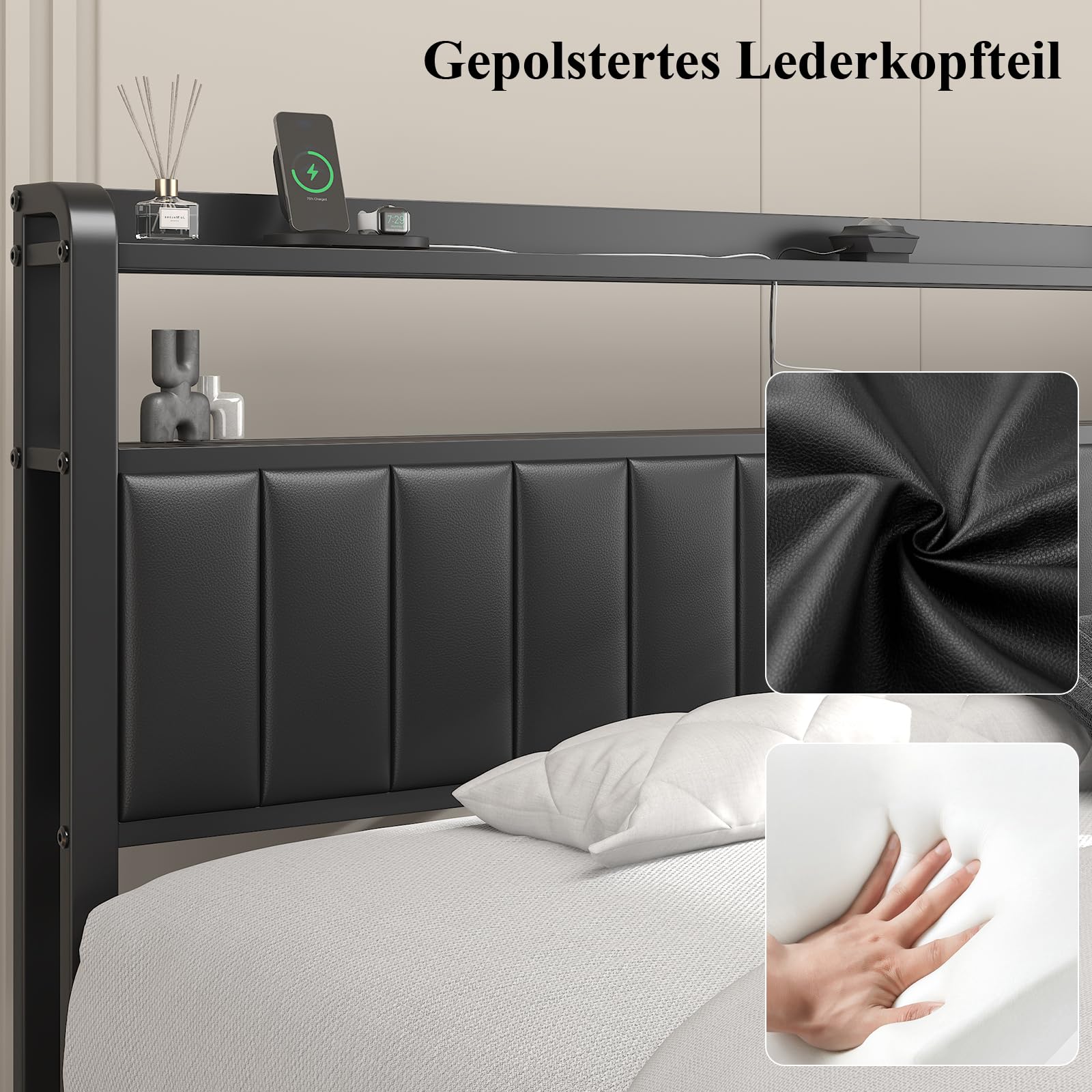 E-Motie Bett 180x200，Polsterbett mit Sternenprojektor, Ladestation und Aufbewahrungsbank， Doppelbettgestell 180 x 200 cm mit Gepolstertes Kopfteil und Lattenrost, Geräuschlos, Modern, Schwarz