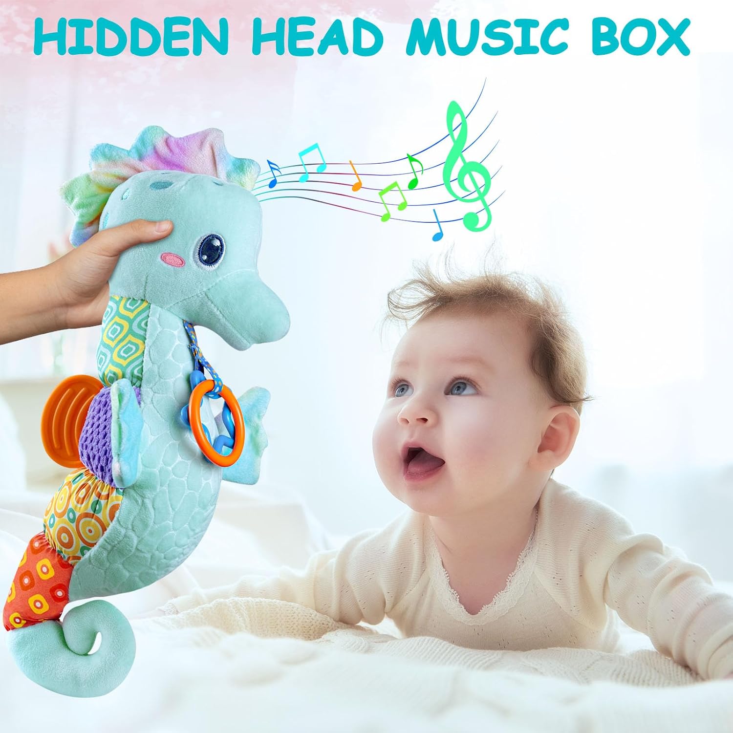 Fuzqq Pink Seahorse & Blue Seahorse,Infant Musical Stuffed Animals Soft Toy with Bright Colors,Crinkle Sound Paper, Multi-Textures & Rattles
