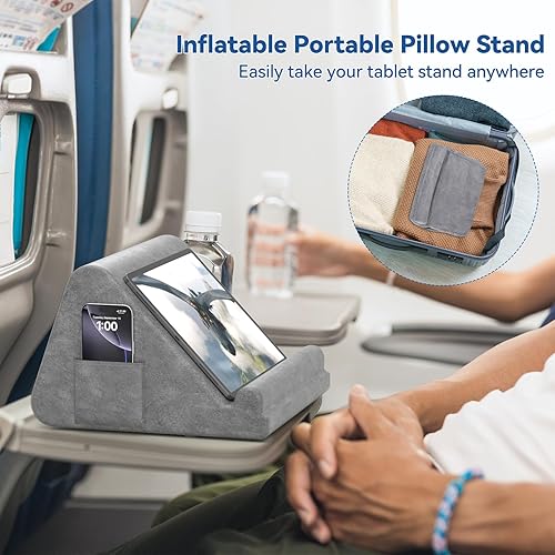 Miniatura 4 de KDD Soporte de almohada para tableta, almohada inflable portátil para iPad para regazo, cama con bolsillo para teléfono y soporte para lápiz digital