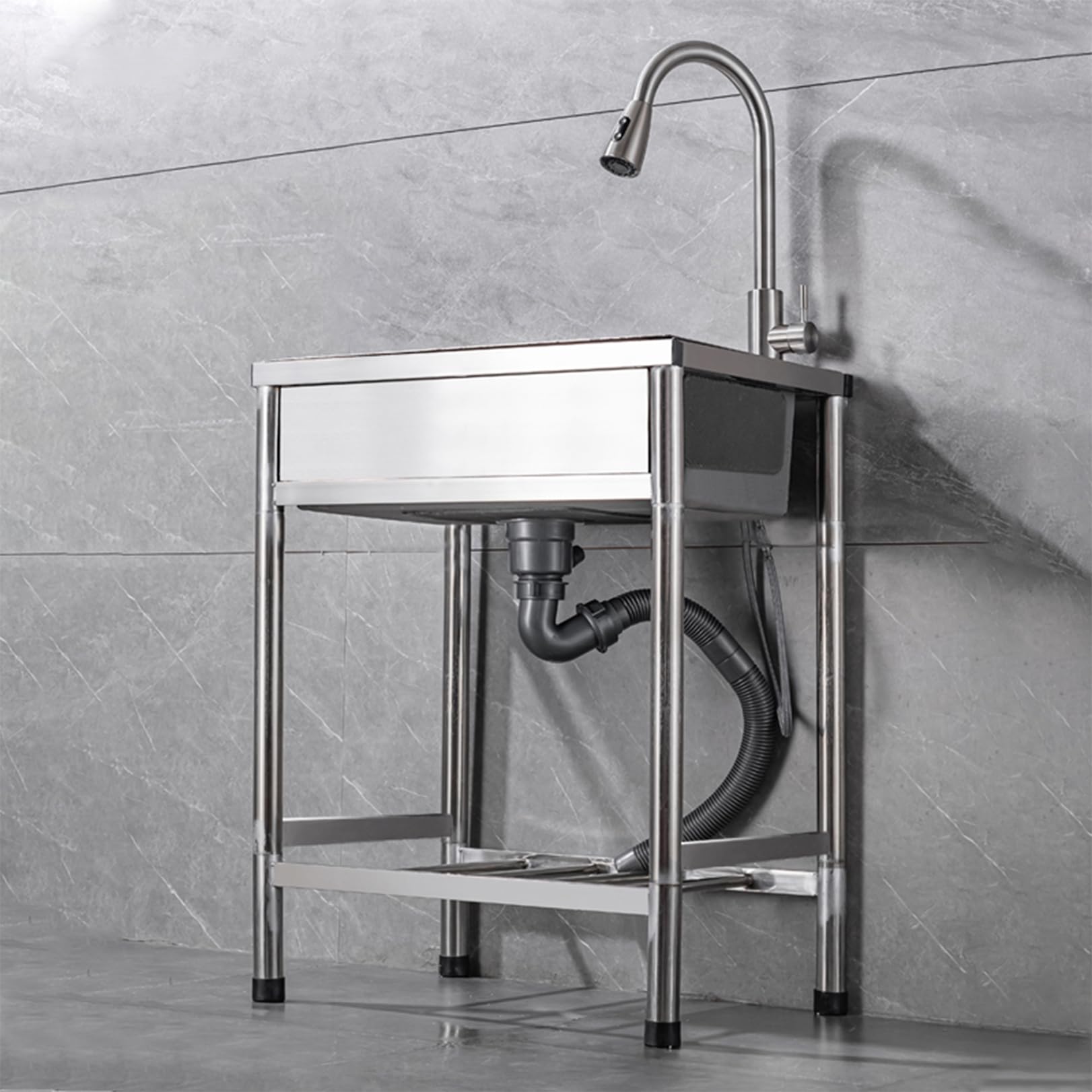 Fregadero utilitario de acero inoxidable, fregadero de cocina móvil con estante de almacenamiento, independiente para exteriores, grifo de 360° extensible, lavabo multifuncional para interiores.