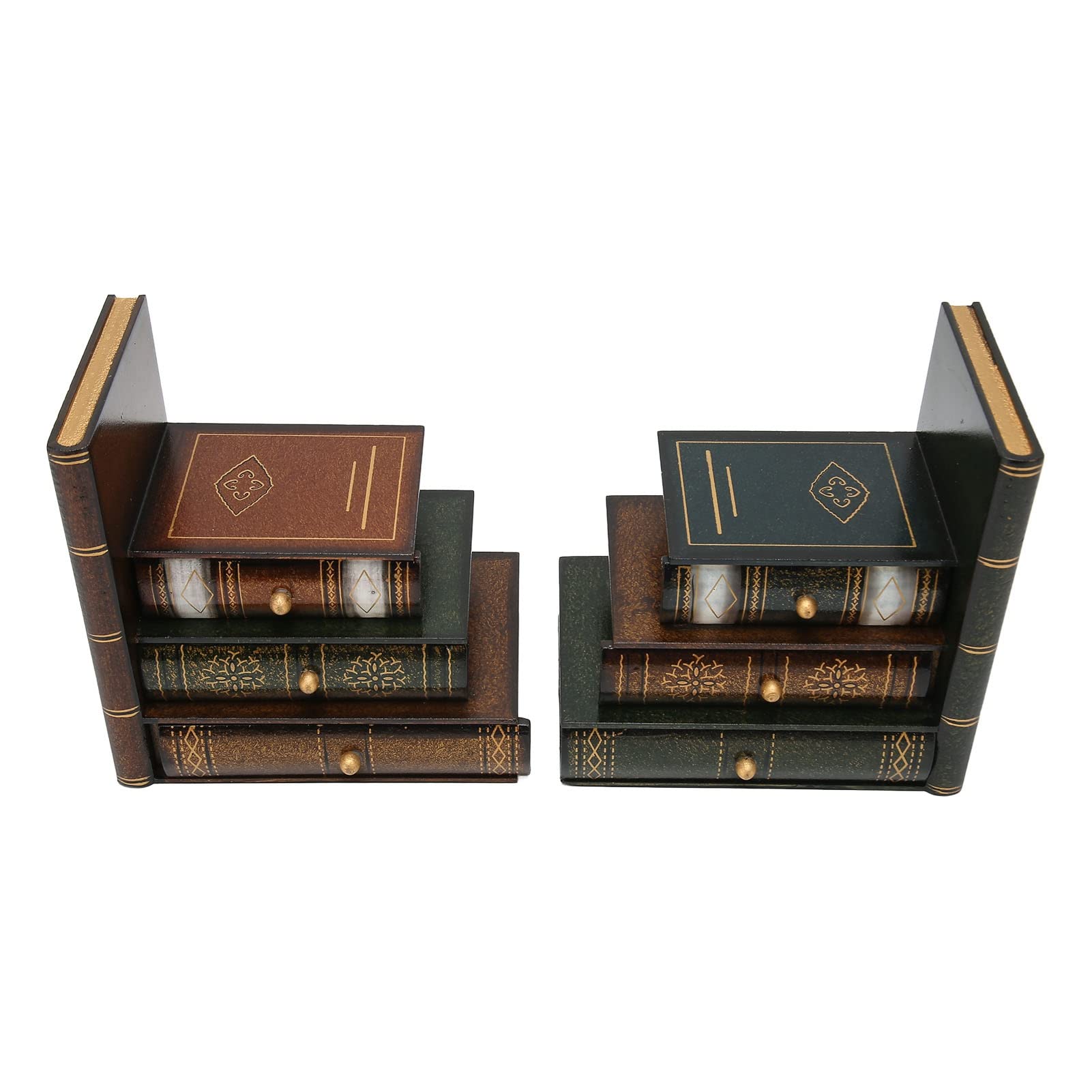 Porta libri in legno in stile retrò con cassetti, fermalibri per mensole, supporto decorativo per libri con 3 cassetti di storage ciascuno, organizzatore da scrivania per la casa e