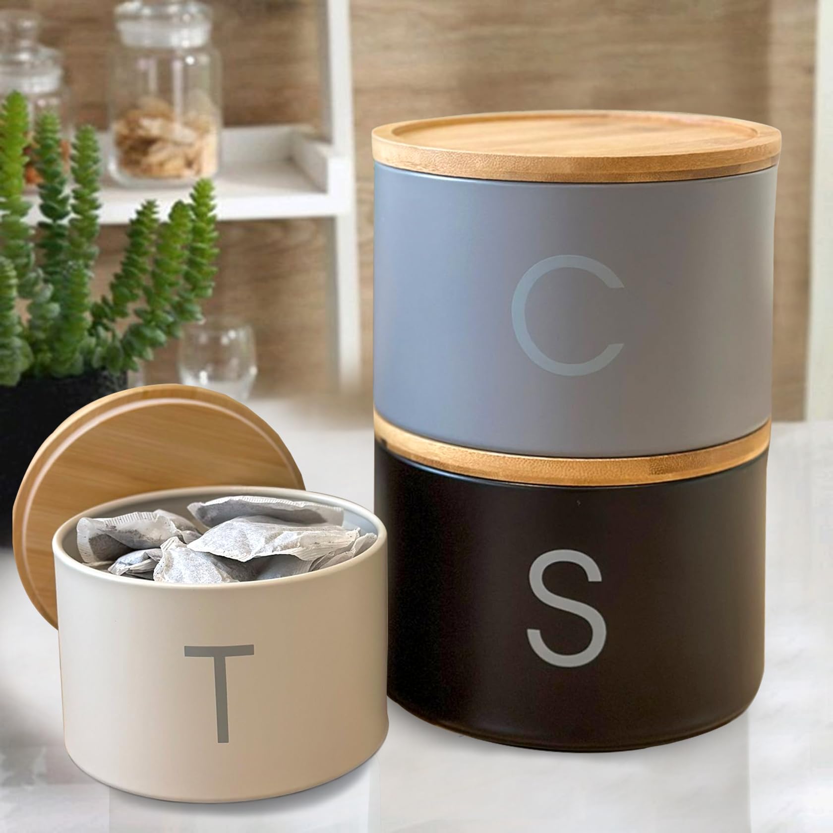 SAFRI 3 Pieces Jar with Wooden Lid Tea Coffee Sugar Canister Storage Container Bowl Pots Kitchen Storage Tins (Black, White & Grey) - Image 2